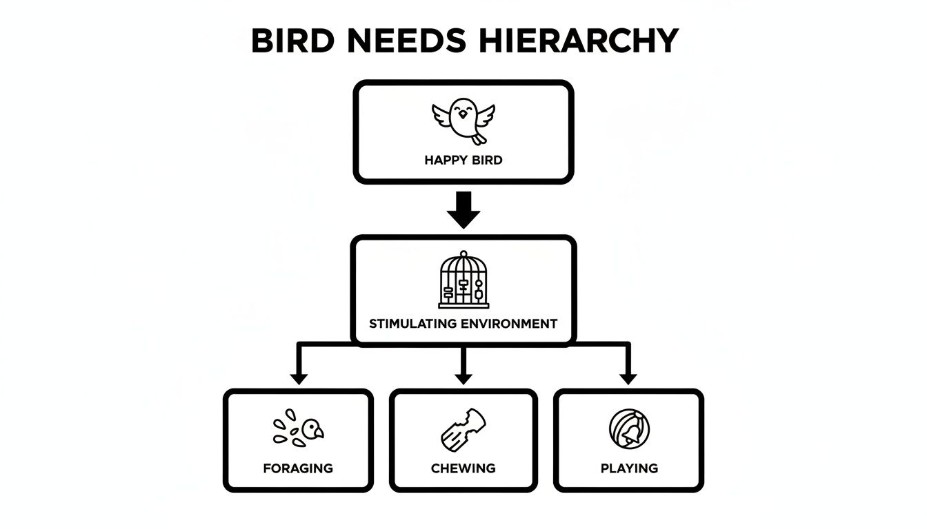 A hierarchy diagram showing a happy bird needs a stimulating environment, including foraging, chewing, and playing.