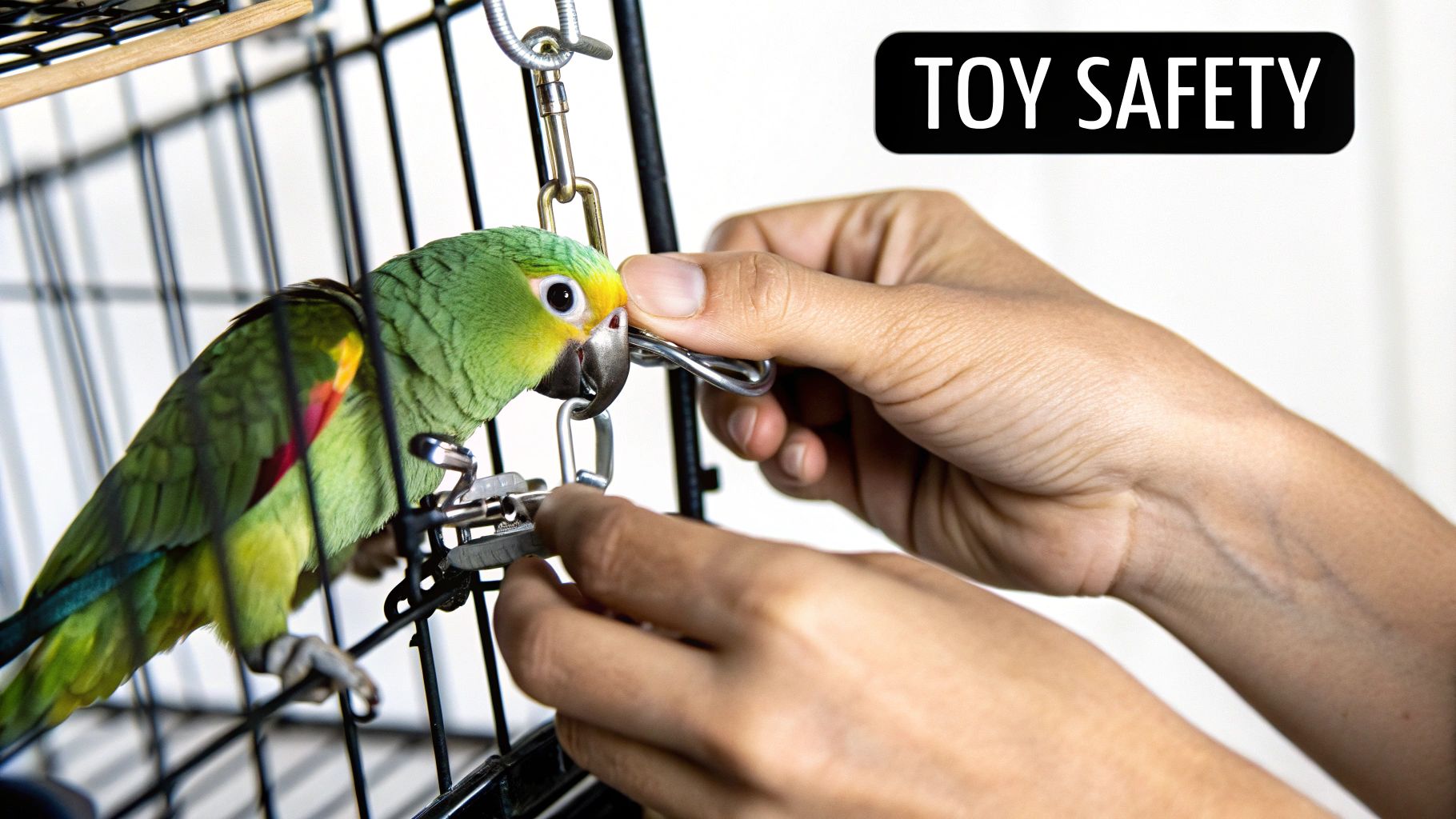Hands attaching a metal clip inside a bird cage next to a green parrot, emphasizing toy safety.