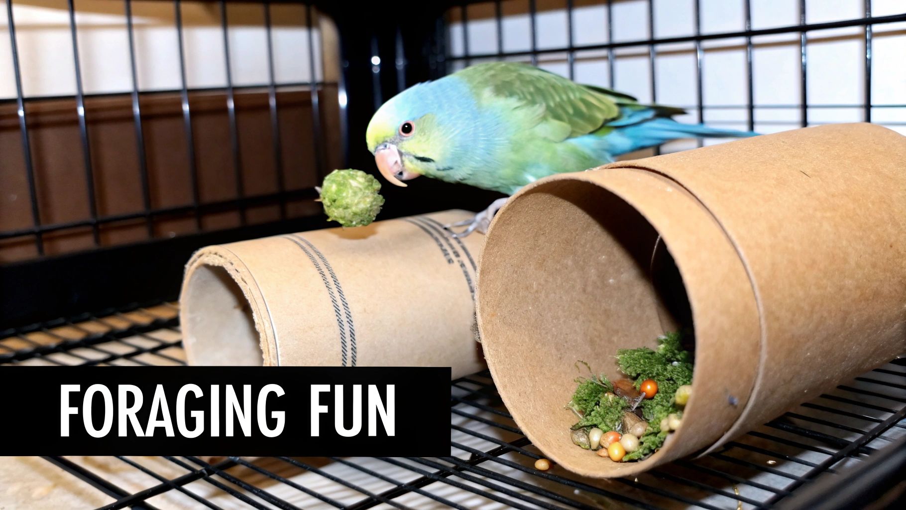 Green and blue parrotlet bird exploring cardboard tube foraging toy filled with treats and vegetables