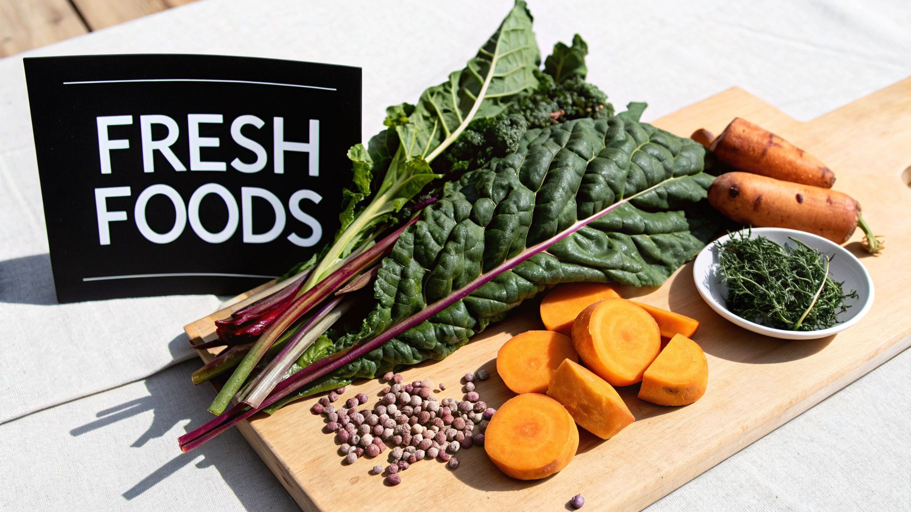 Fresh organic vegetables including leafy greens, carrots, sweet potatoes, and herbs displayed on wooden board