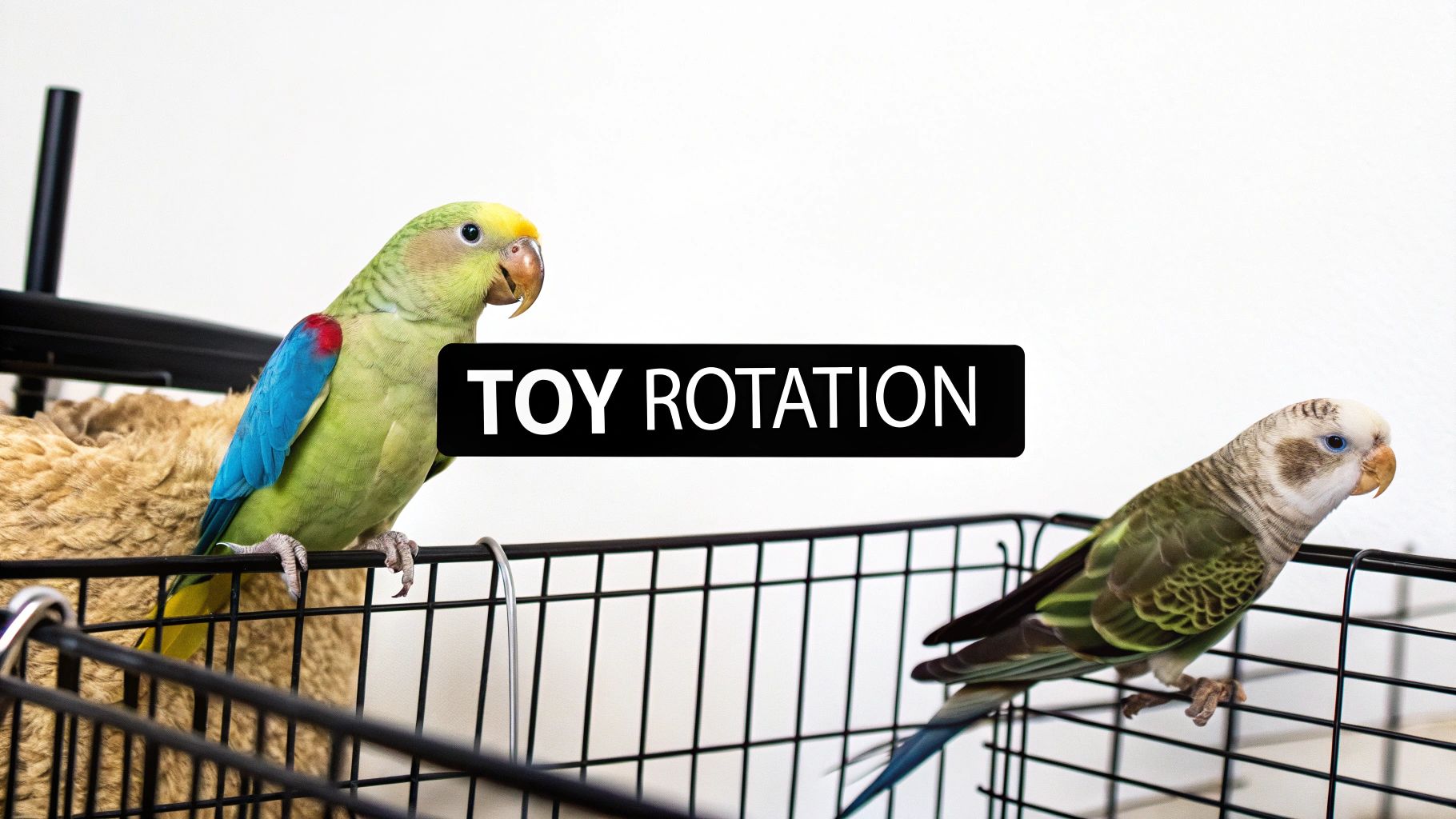 Two colorful parrots on bird cages with a "TOY ROTATION" text overlay, on a white background.