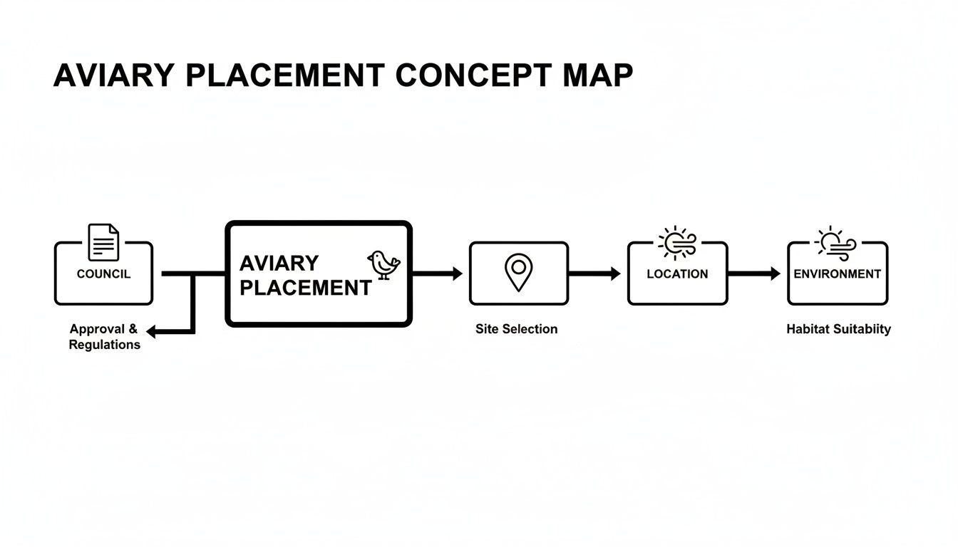 Concept map detailing the aviary placement process, including council approval, site selection, location, and environmental suitability.