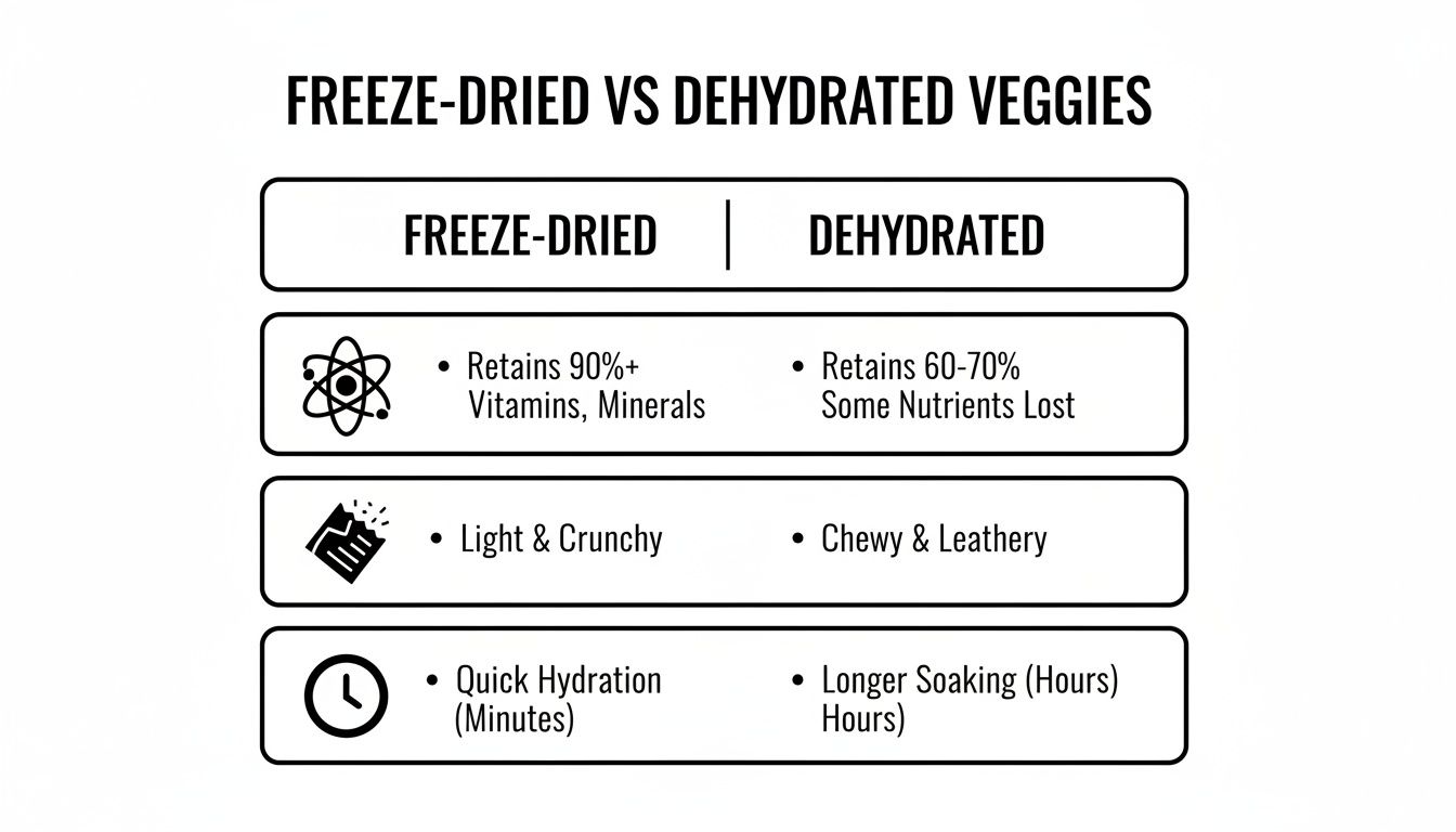 A comparison chart outlining the differences between freeze-dried and dehydrated vegetables in terms of nutrients, texture, and hydration.