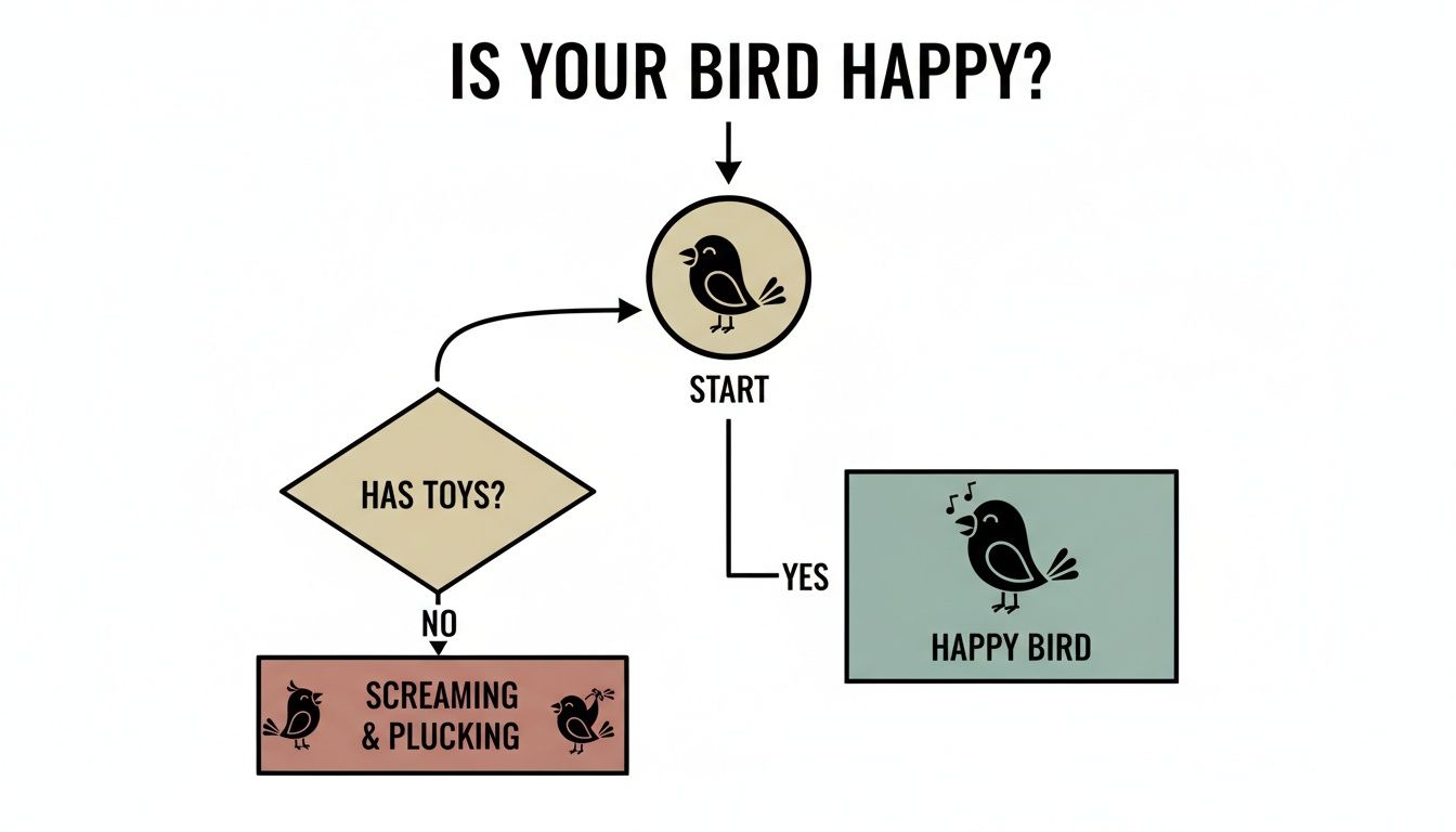 A flowchart titled 'IS YOUR BIRD HAPPY?' indicating that a bird with toys is happy, while one without toys results in screaming and plucking.