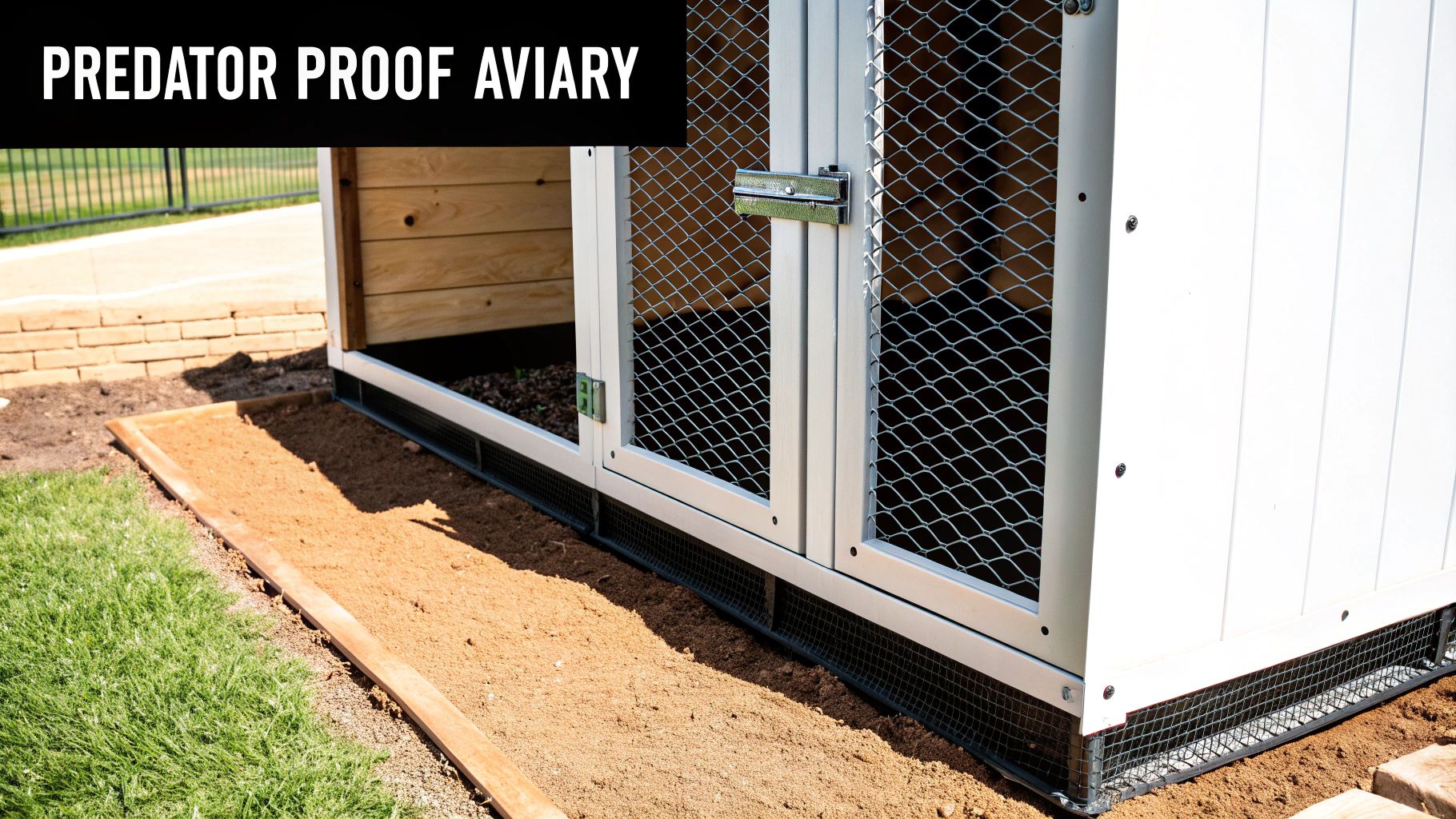 A 'Predator Proof Aviary' enclosure featuring white panels, metal mesh, and a secure door latch in an outdoor setting.