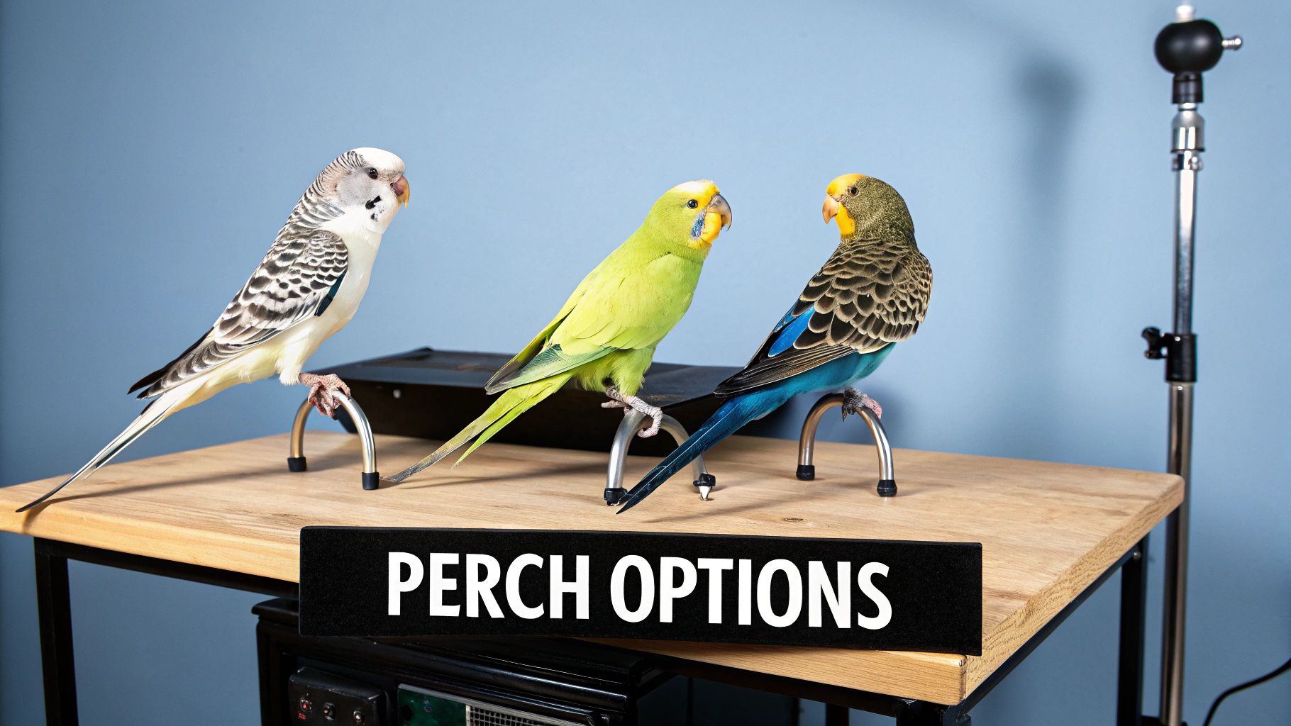 A large, colourful parrot sitting on a natural wood bird perch stand.