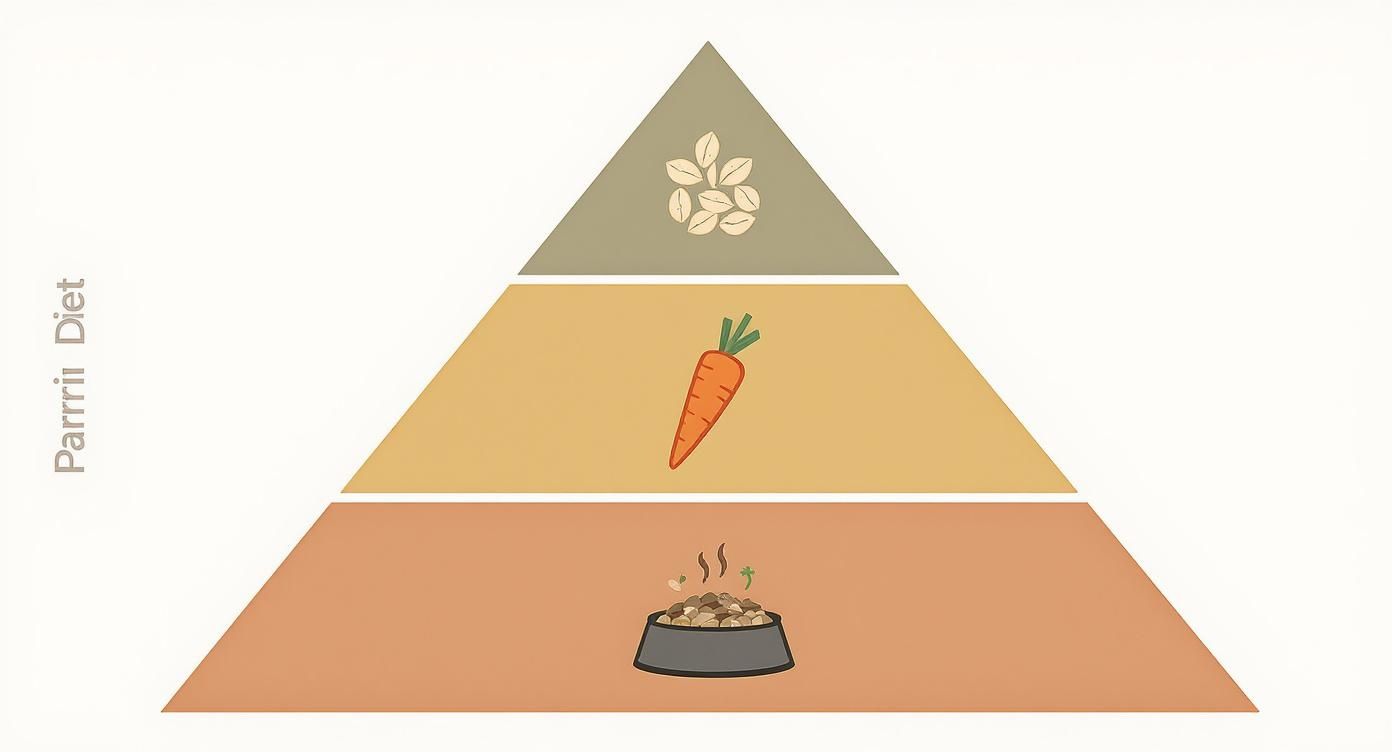 Parriti diet pyramid showing three levels with seeds, vegetables like carrots, and complete pet food
