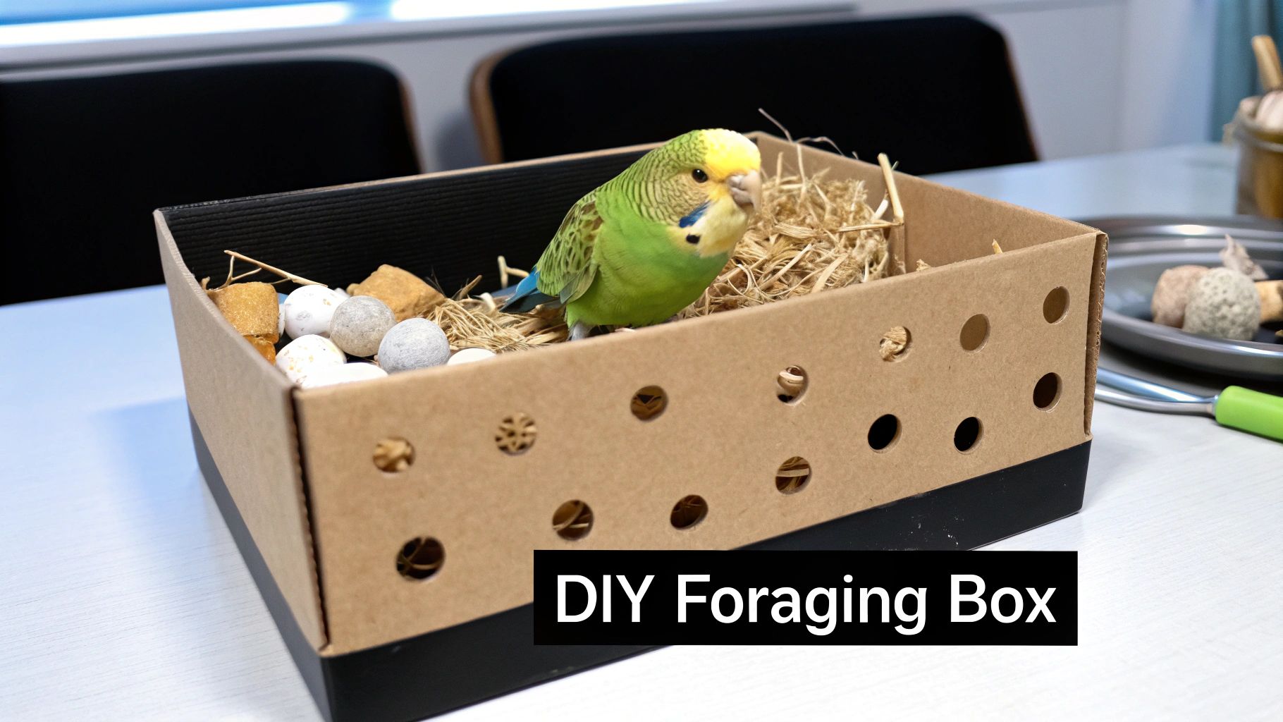 Budgie bird happily exploring a handmade corrugated cardboard foraging box filled with hay and toys.