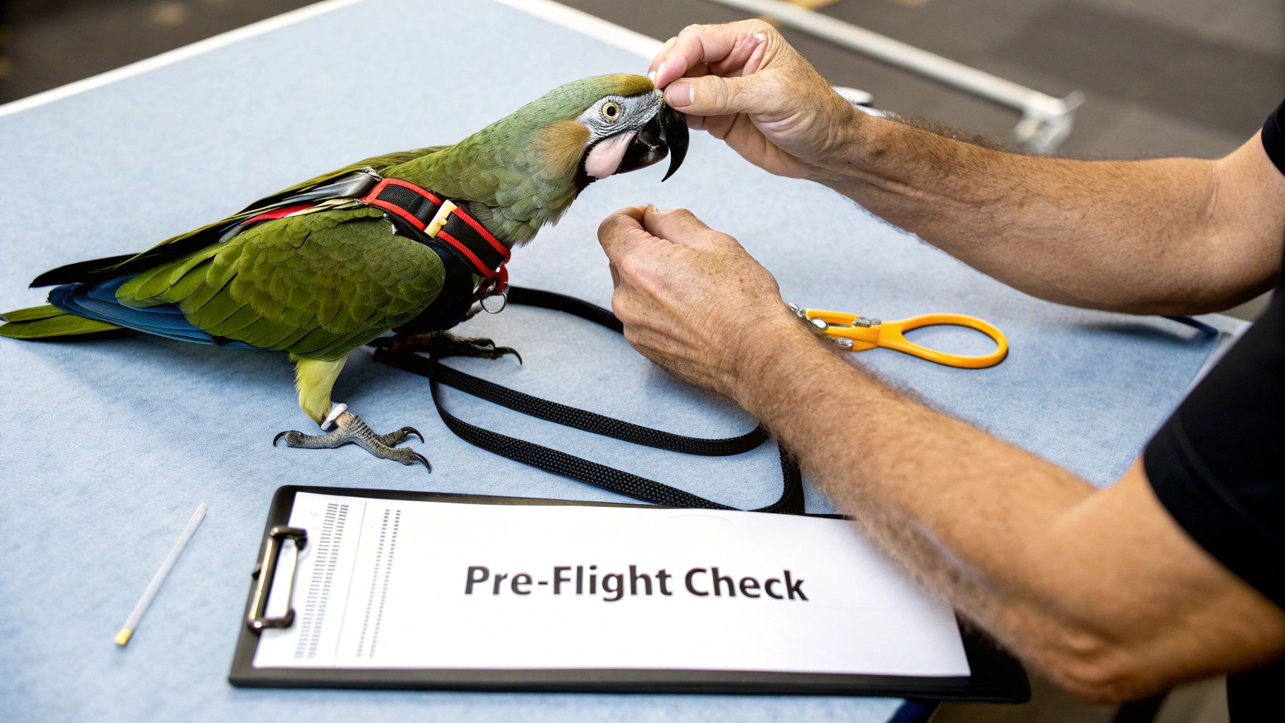 A green parrot wearing a harness undergoing a 'Pre-Flight Check' by a person.