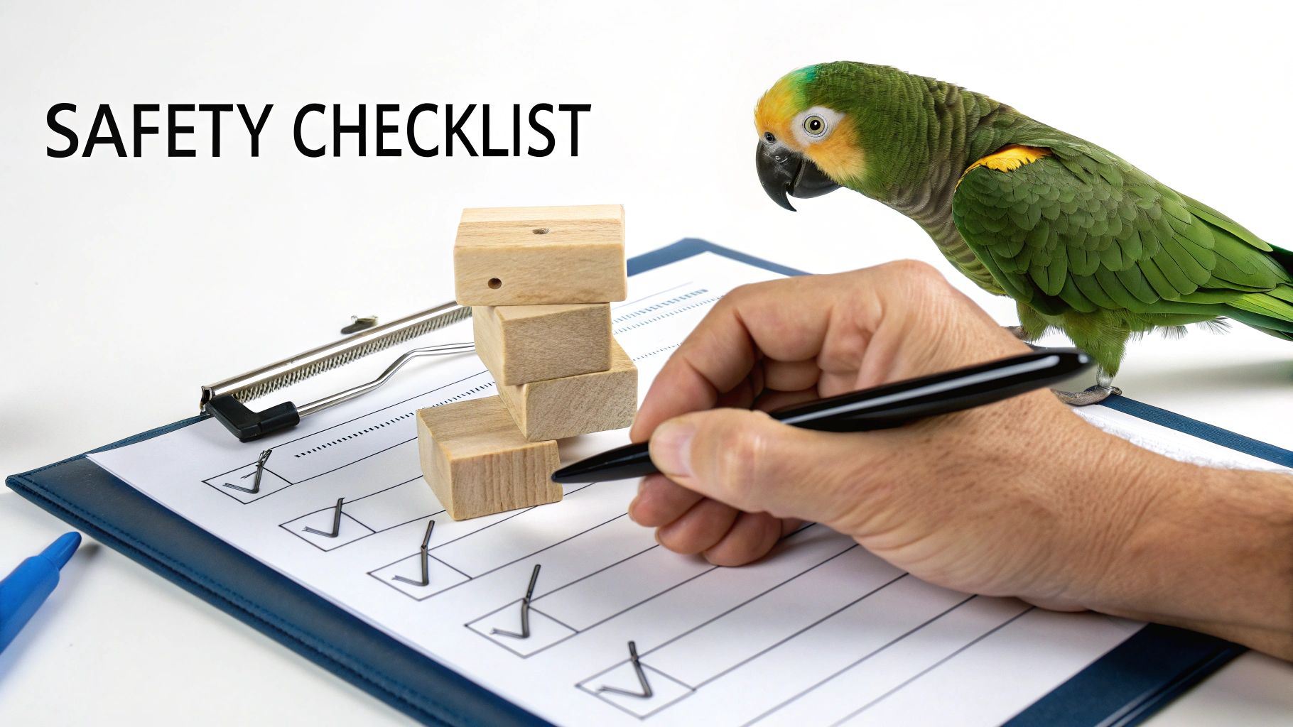 A hand marks a safety checklist with a pen, next to wooden blocks and a green parrot, emphasizing pet safety.