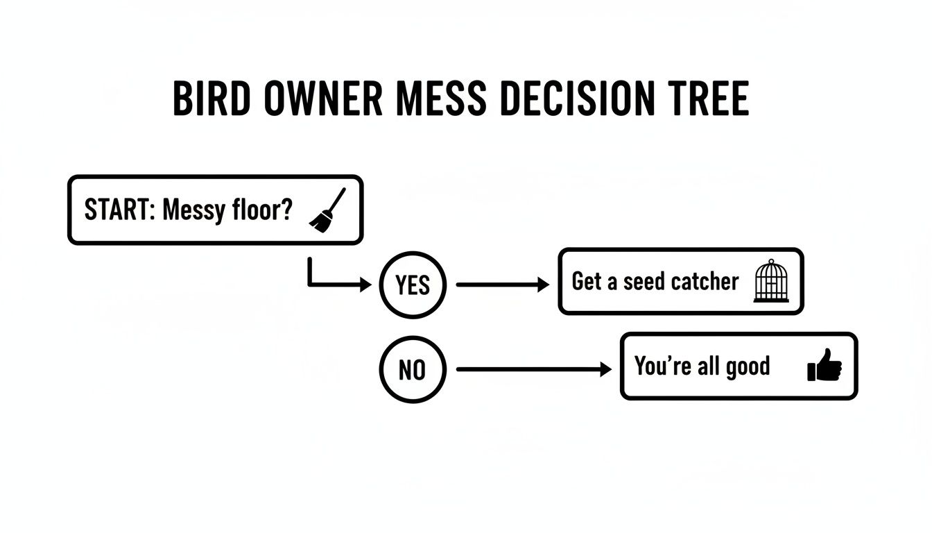 A humorous decision tree for bird owners illustrating choices for a messy floor.