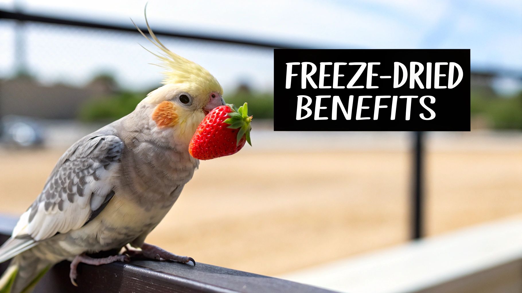 A cockatiel bird with yellow crest and orange cheek patches holding a fresh strawberry, with 'FREEZE-DRIED BENEFITS' text.