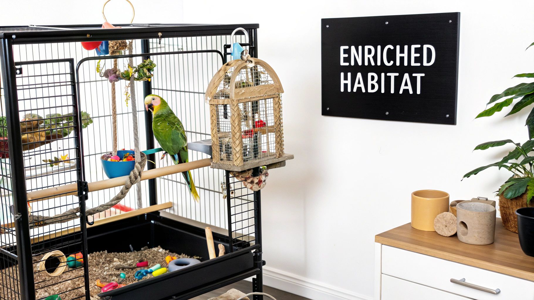 A green parrot sits on a perch inside a large black cage filled with various toys and enrichment items.