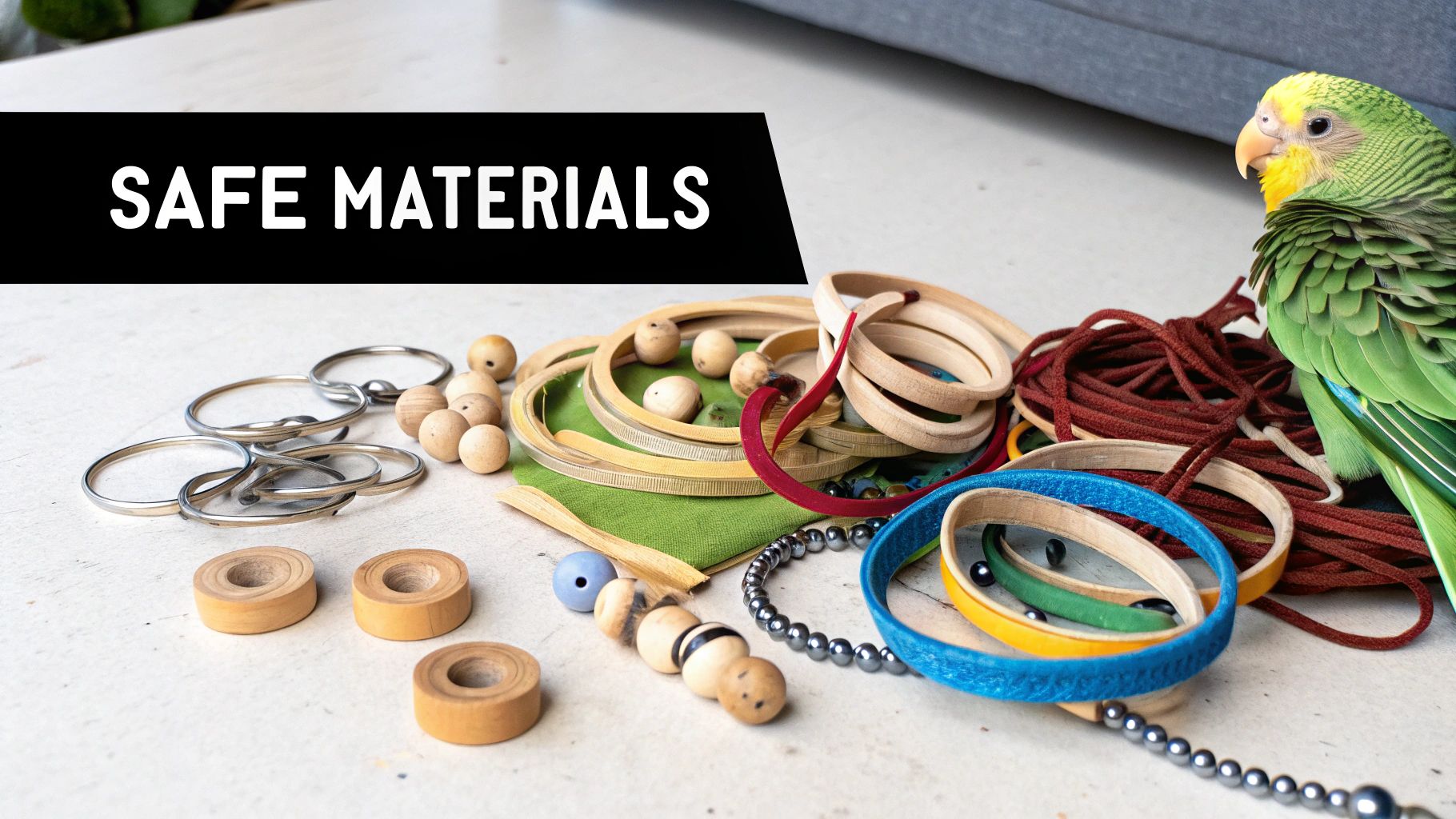 A green parrot sits beside a collection of safe materials, including wooden beads, metal rings, ropes, and colorful fabric, suitable for creating bird toys.