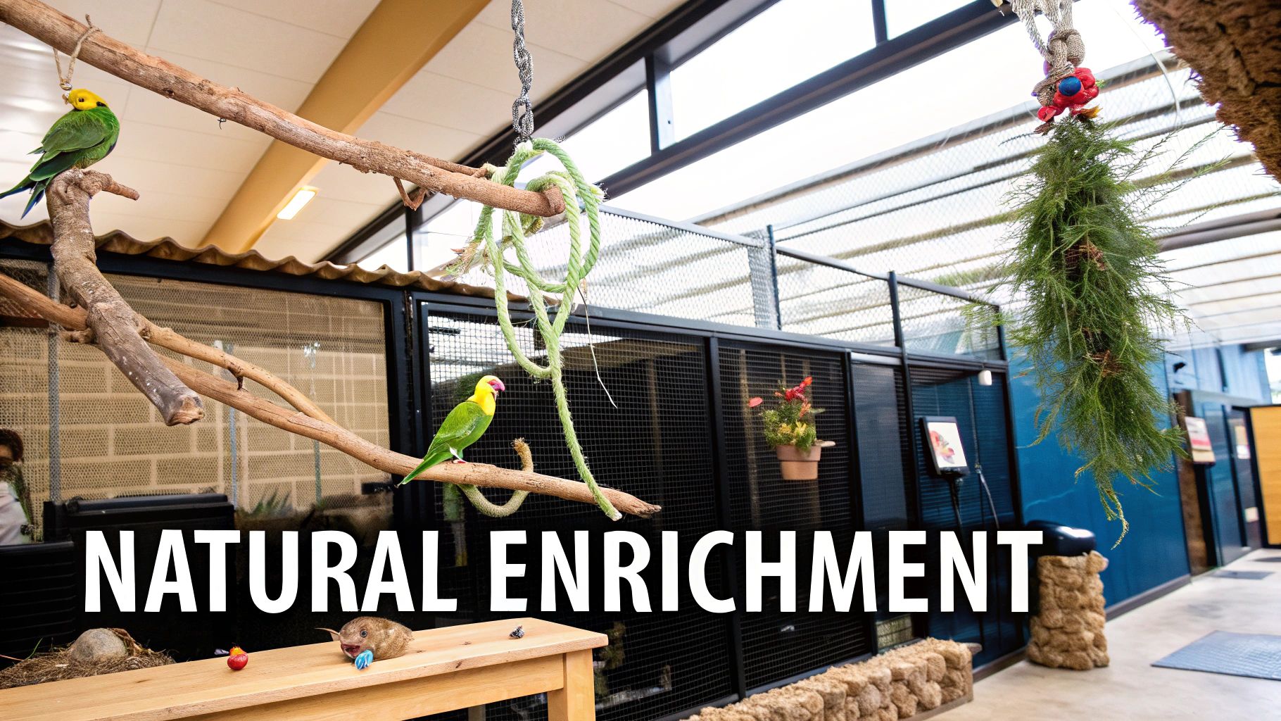 Green parrots perched on branches in a spacious indoor aviary with natural enrichment elements.