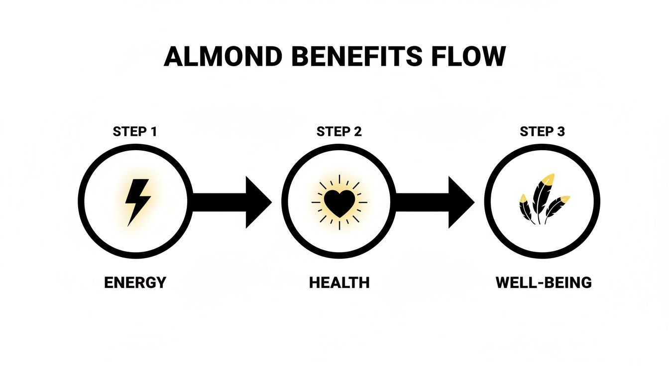 Flow chart showing almond benefits progressing from energy to health, leading to overall well-being.