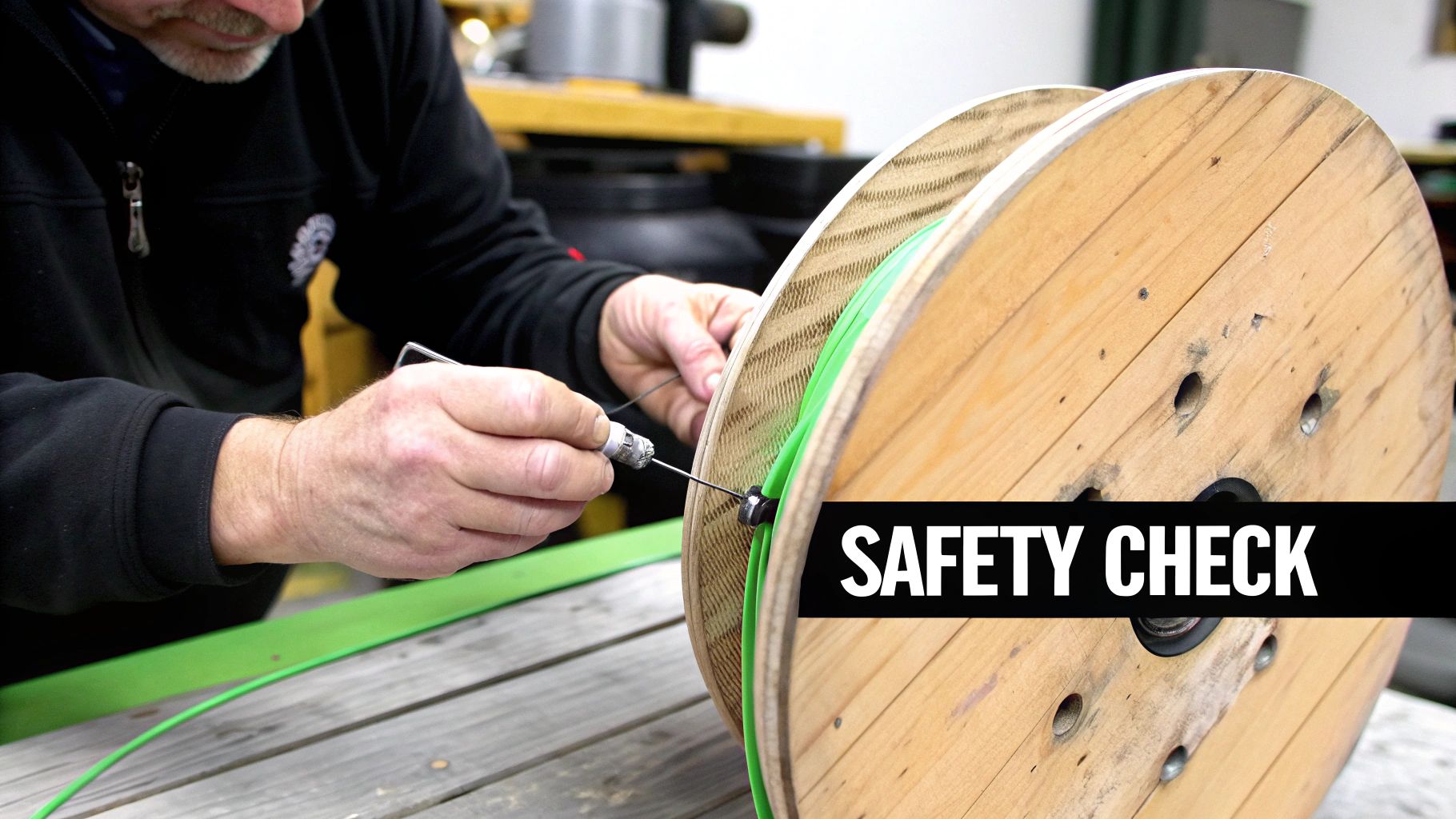 Hands meticulously guide a green cable onto a large wooden spool during a safety check.
