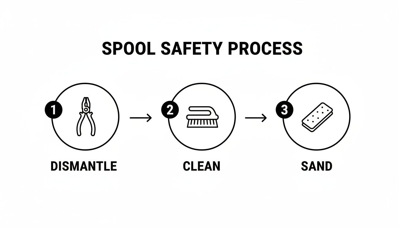 Infographic showing a three-step spool safety process: dismantle with pliers, clean with a brush, and sand.