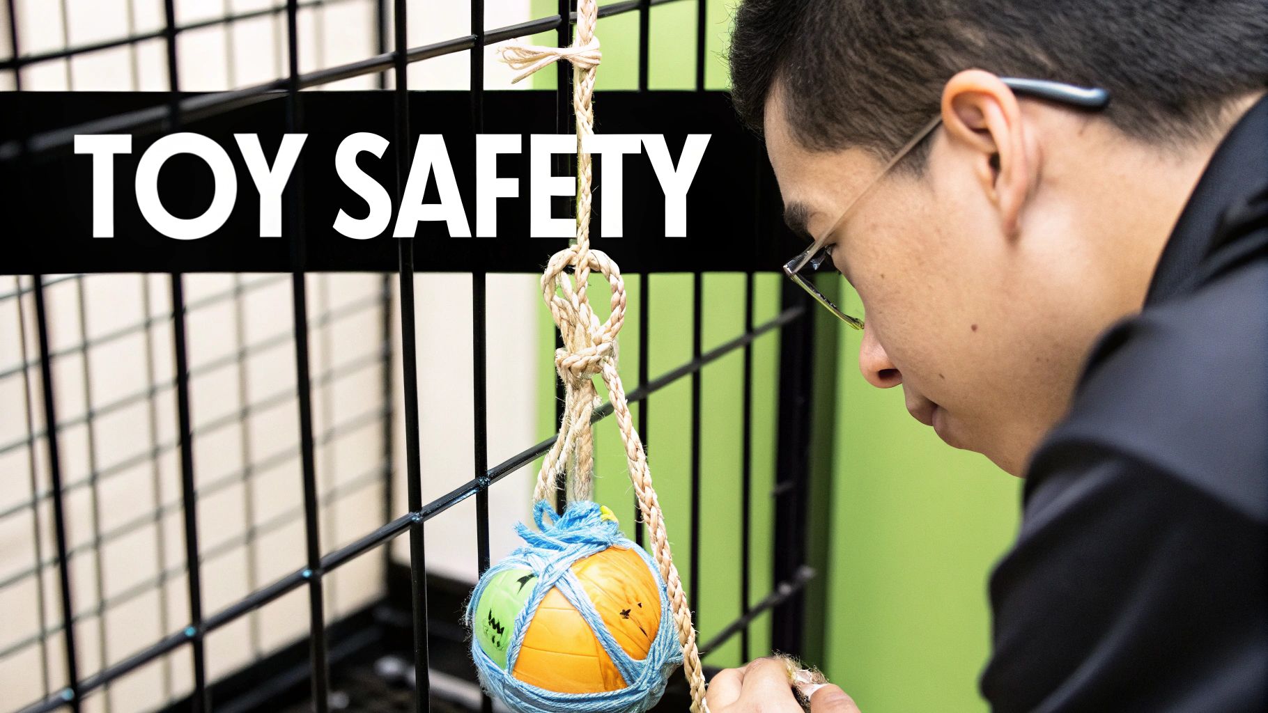 Person with glasses examines a hanging ball and string pet toy on a cage, highlighting 'TOY SAFETY'.