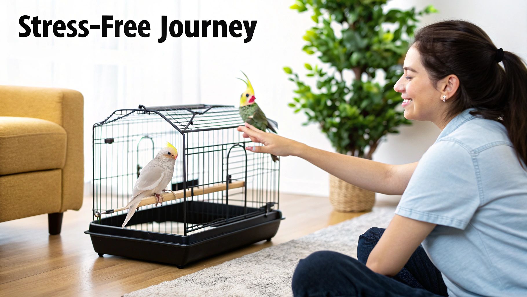 A smiling woman interacts with two pet birds, one inside a travel cage and one on her hand.