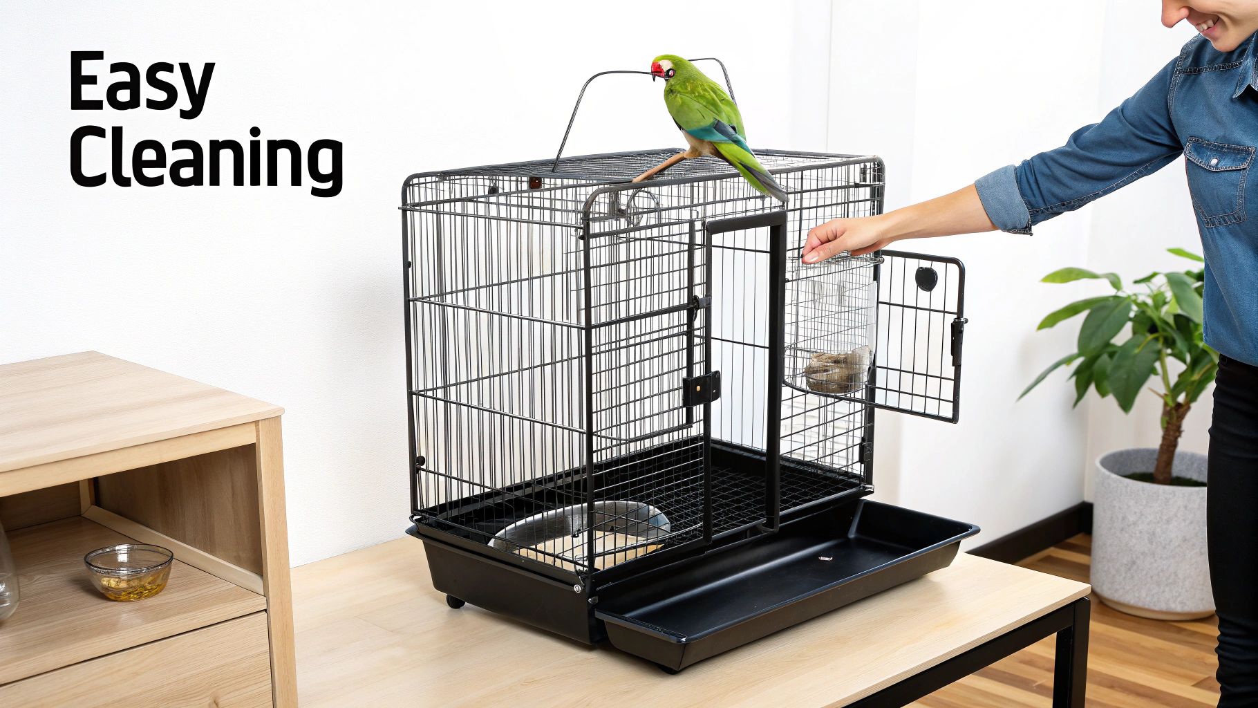 A person pulls out a tray from a large bird cage with a green parrot for easy cleaning.