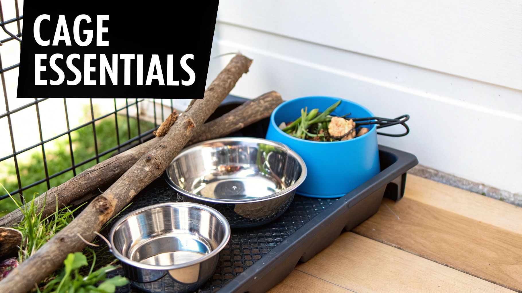 Cage essentials for pets featuring two stainless steel bowls, a blue food bowl with greens, and natural branches on a tray.