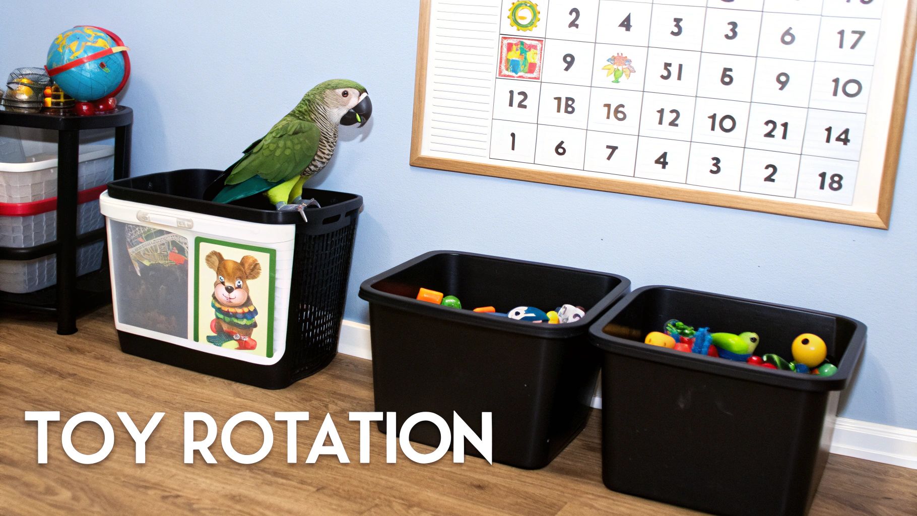 A green parrot perches on a toy bin next to other bins filled with various colorful toys.