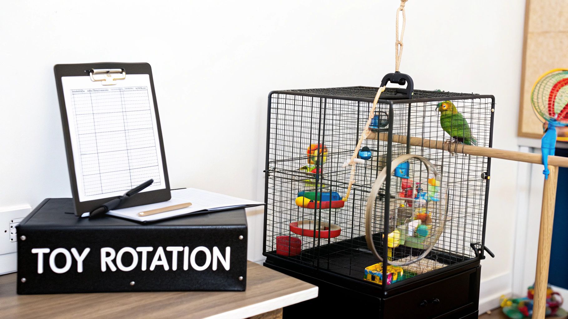 A green parrot perches near a black birdcage filled with colorful toys, alongside a 'Toy Rotation' box and clipboard.