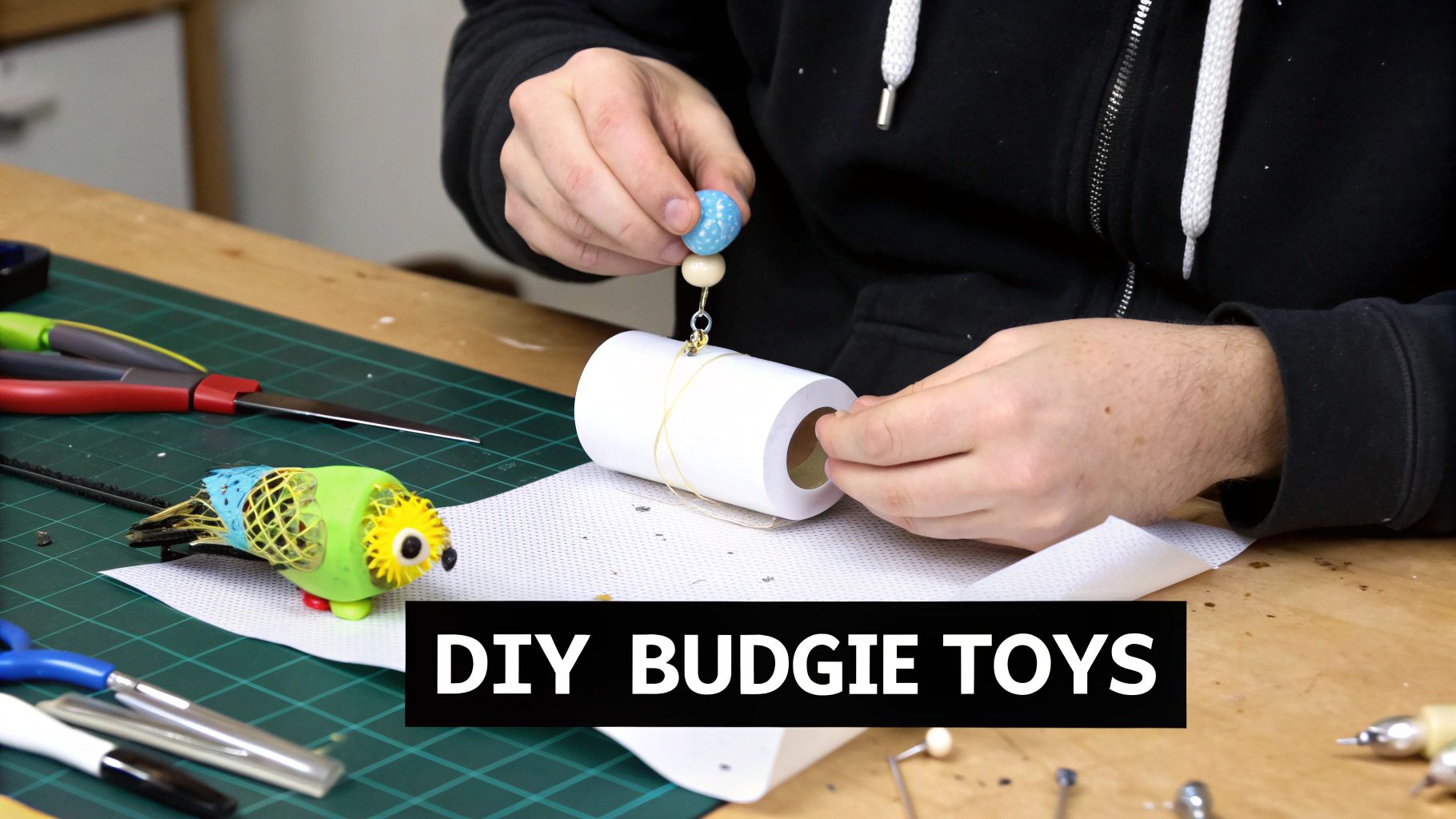 A person's hands crafting colorful DIY budgie toys on a wooden table with crafting tools and materials.