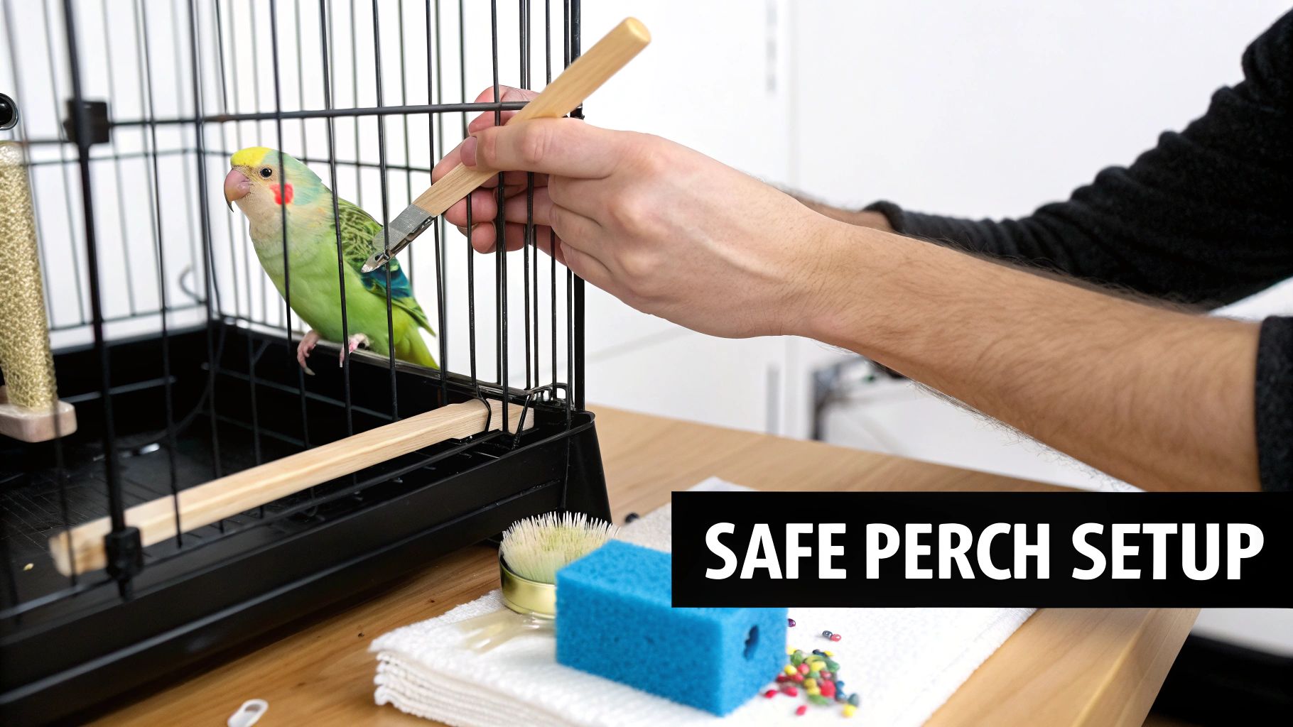 A person installs a new wooden perch inside a bird cage where a green parrot is perched, showing safe setup.