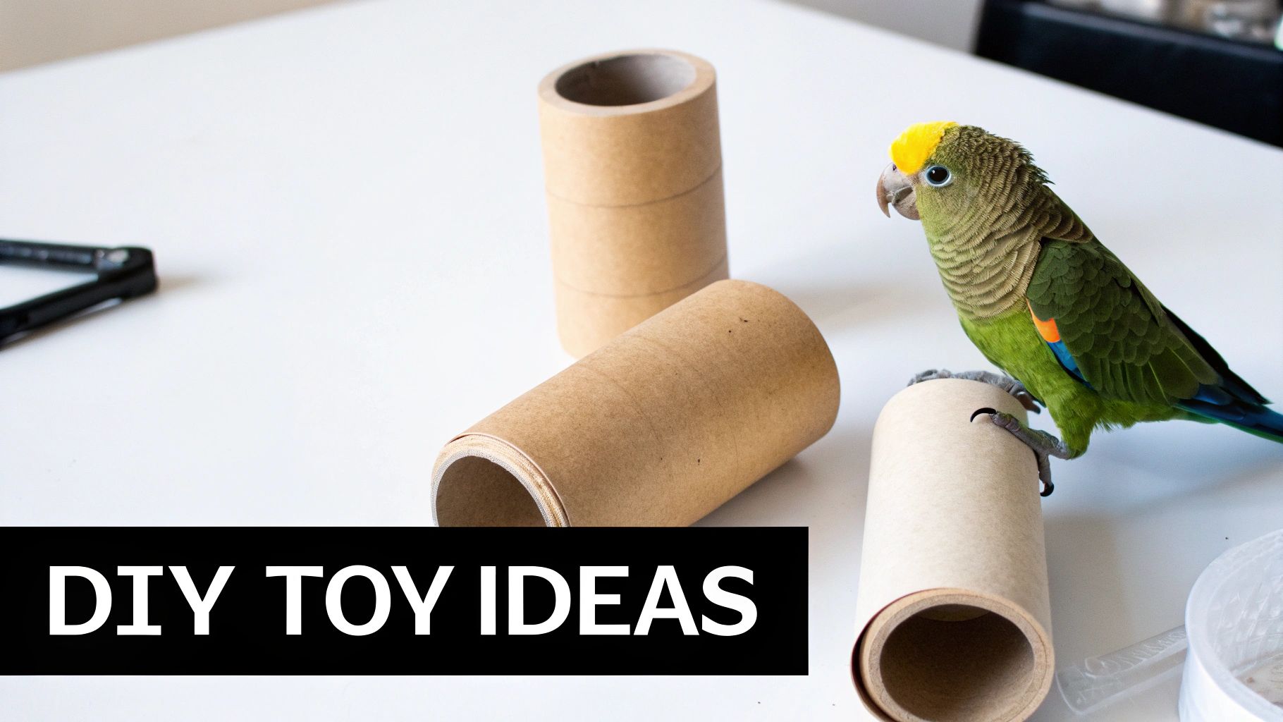 A parrot with a yellow head stands next to cardboard tubes on a table for DIY toy ideas.