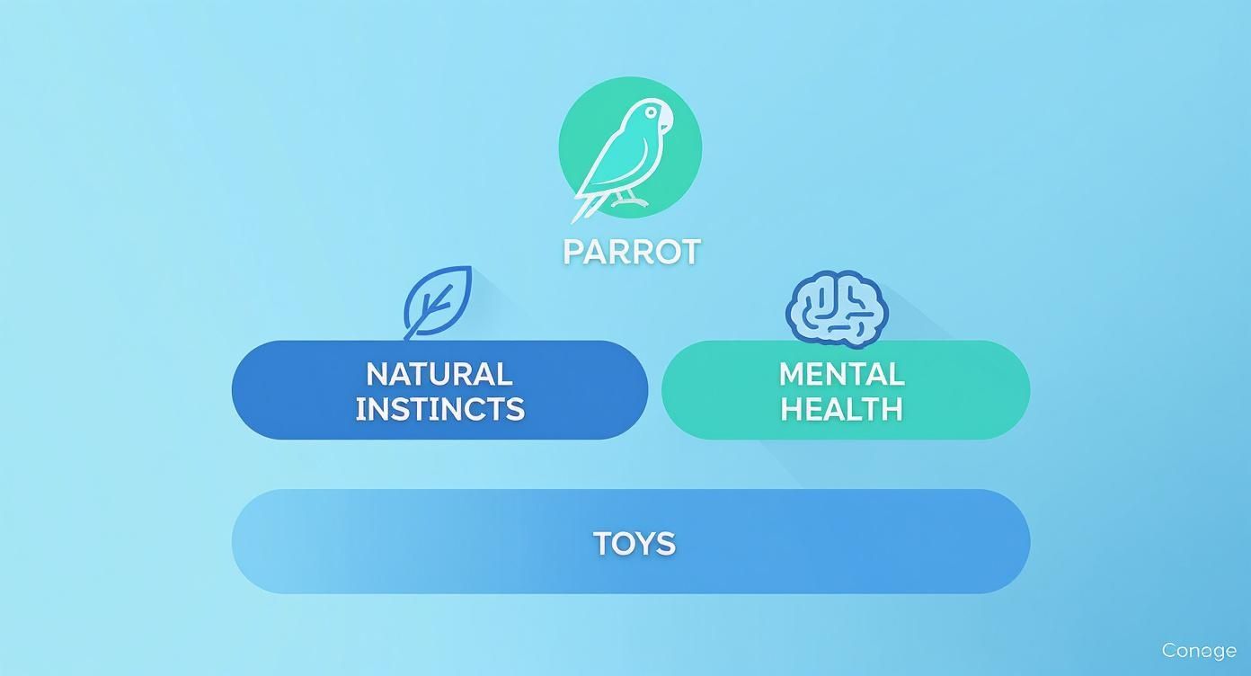 A diagram illustrates how toys enhance natural instincts and mental health for parrots.