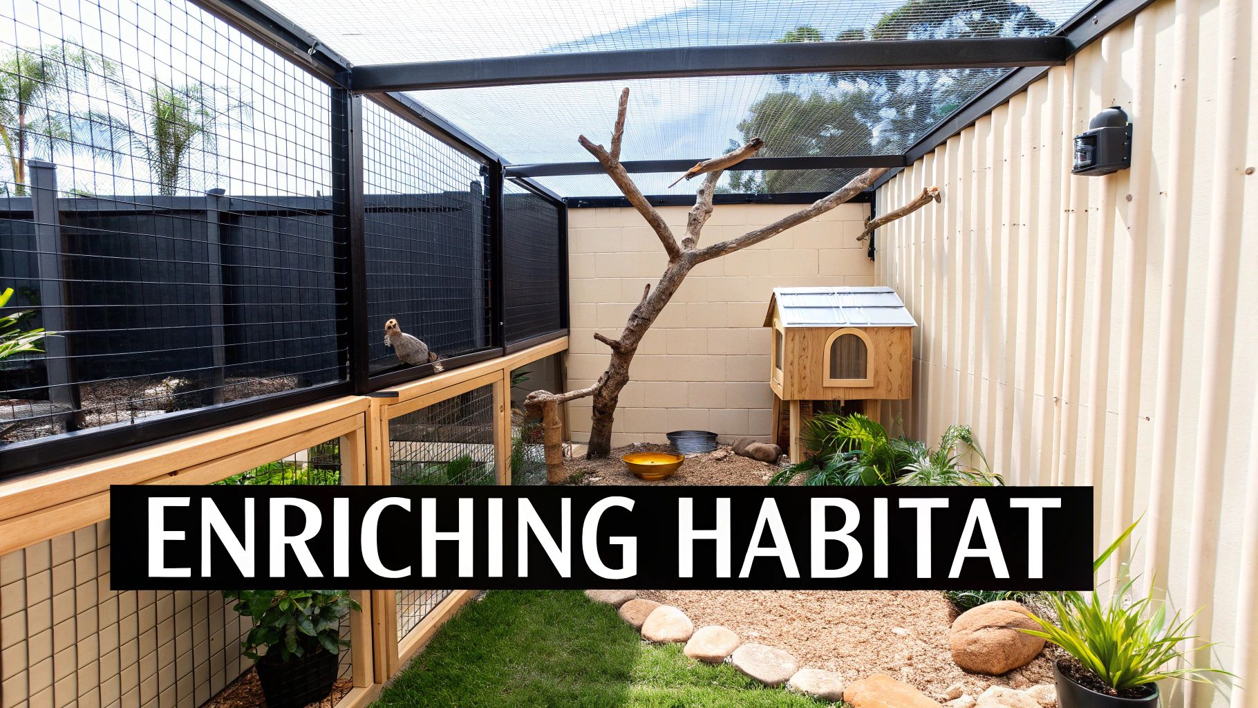 Modern outdoor bird aviary with wooden shelter, natural branch perches, mesh walls and enrichment features