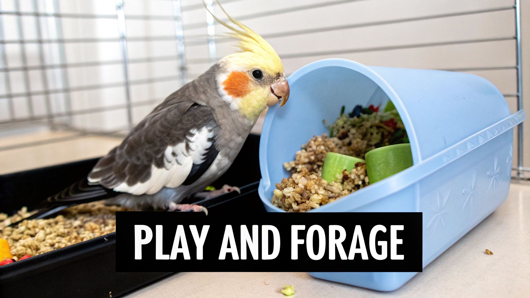 A cockatiel bird with a yellow crest and orange cheeks next to a blue foraging toy.