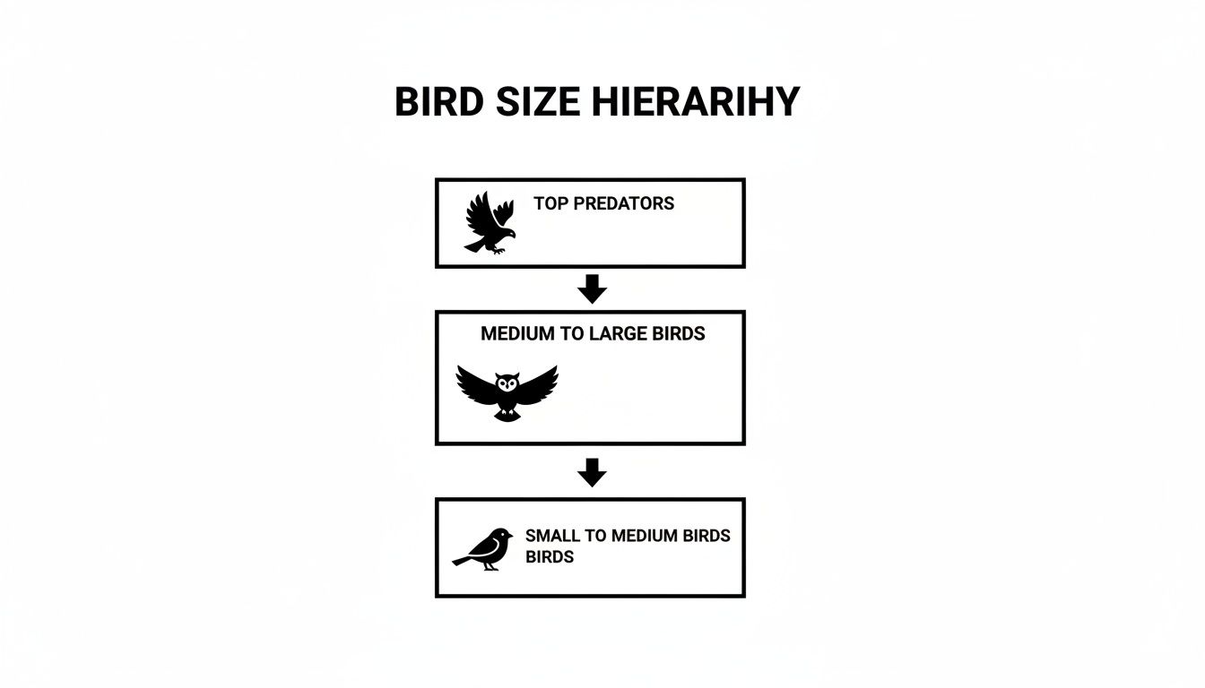 A bird size hierarchy chart illustrating top predators, medium to large, and small to medium birds.