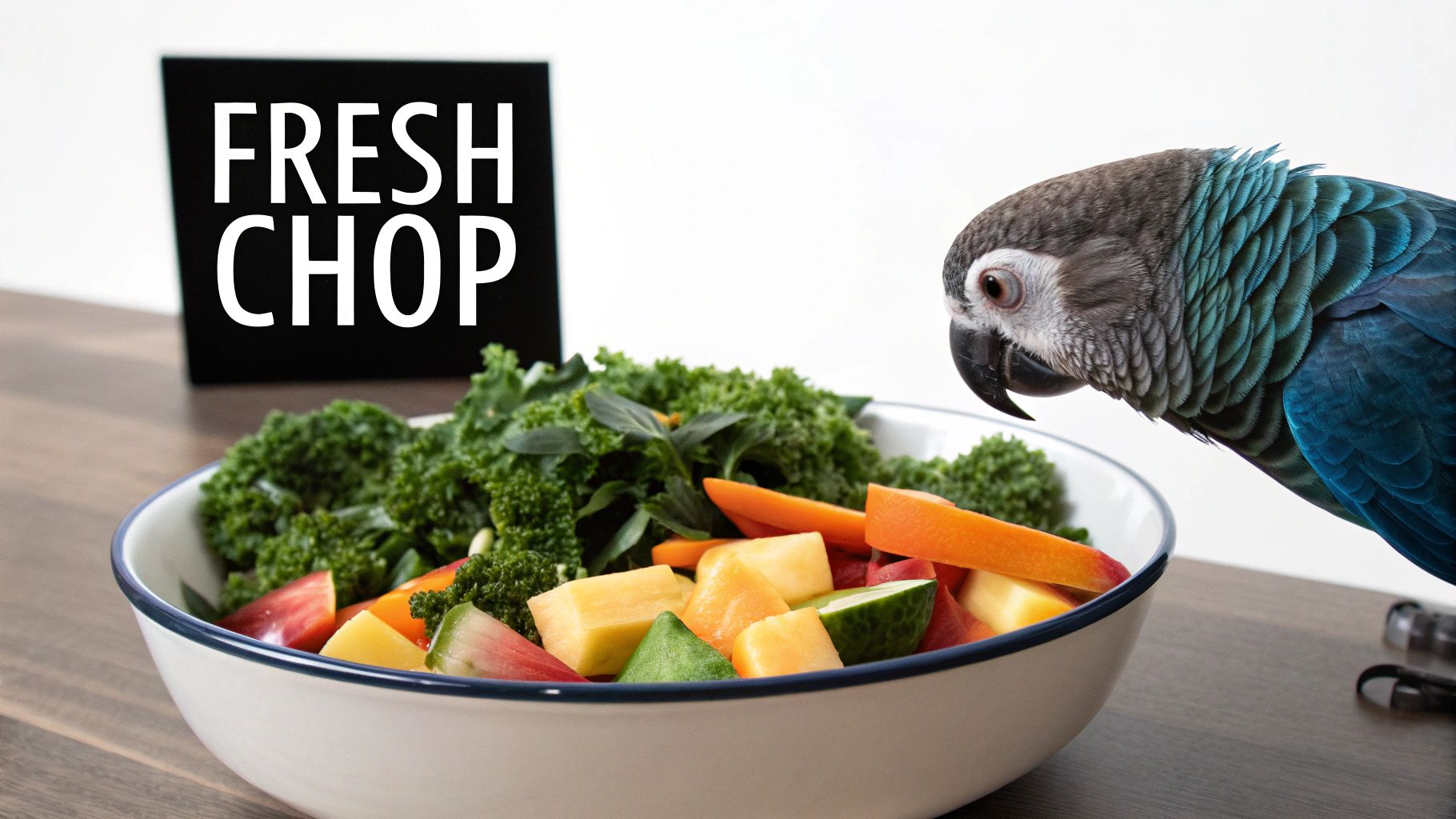 Colorful parrot eating fresh vegetables from bowl including kale, carrots, and peppers