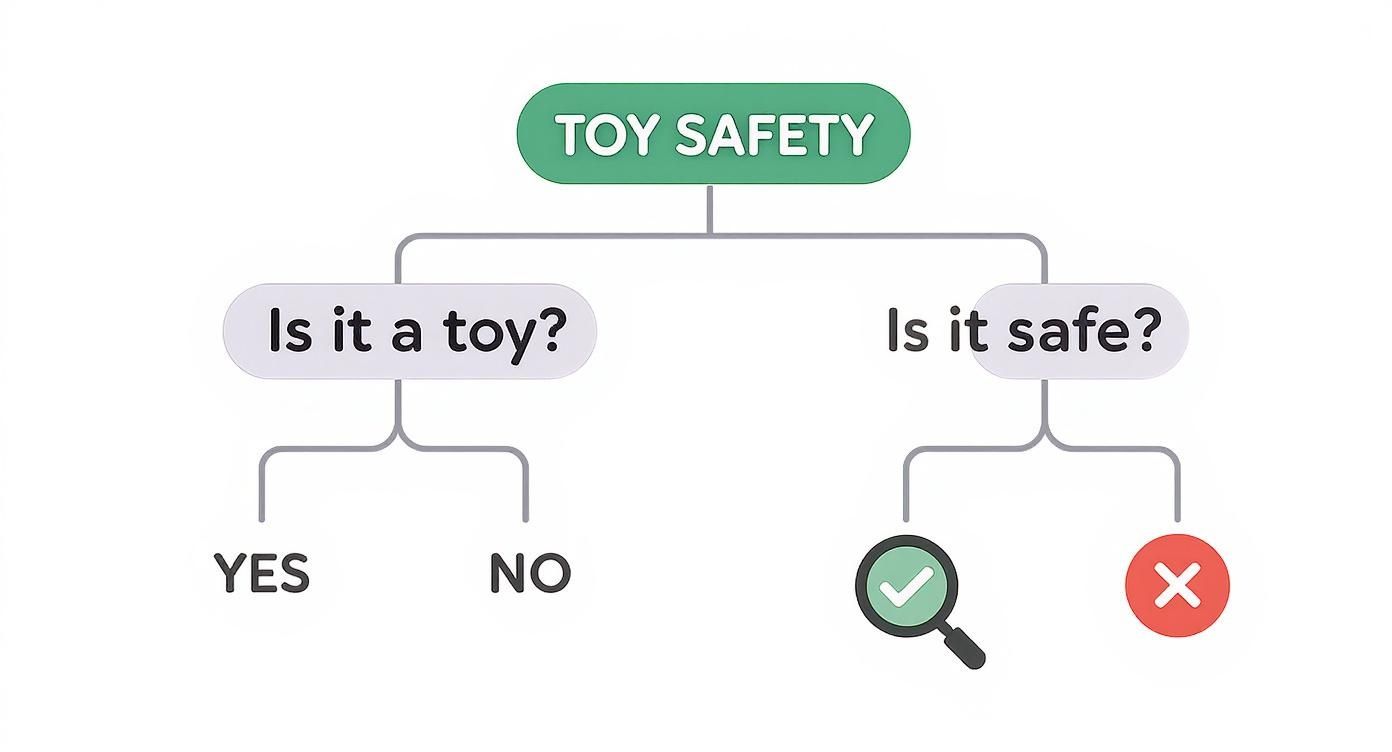 A toy safety decision tree, asking 'Is it a toy?' with yes/no and 'Is it safe?' with check/x.