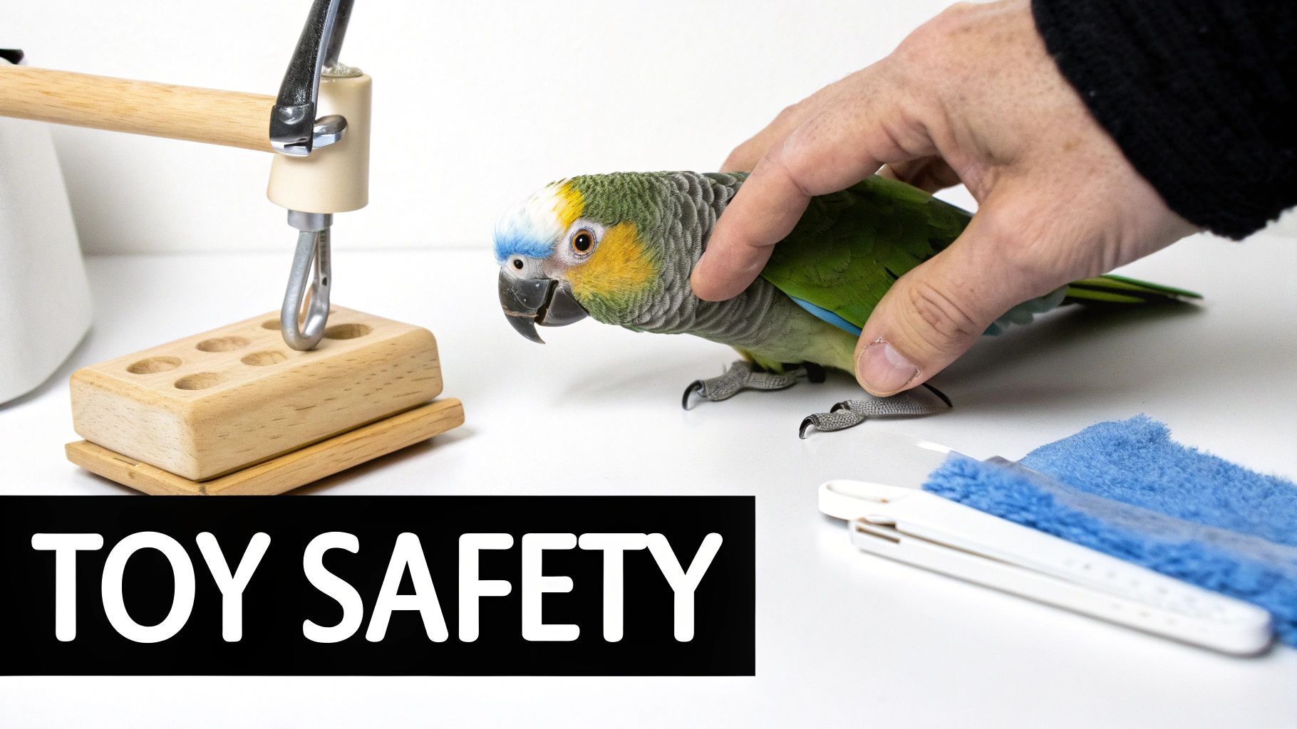 A person's hand gently holds a colorful parrot next to a wooden toy safety testing device.