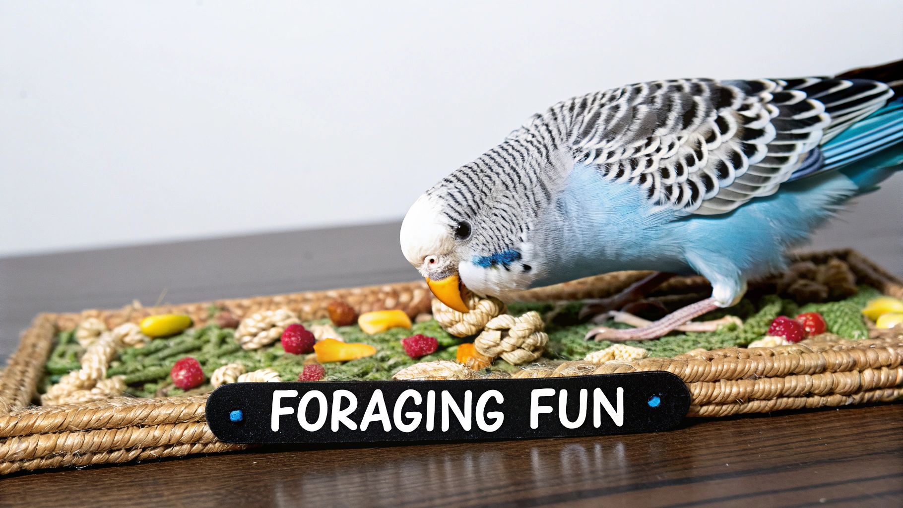 A blue and white parakeet actively pecks at treats on a green foraging mat with a 'FORAGING FUN' sign.