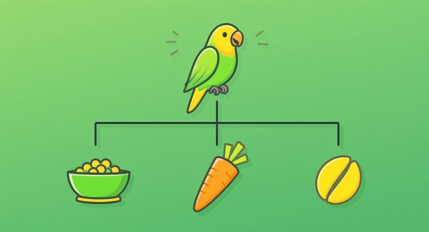 Cartoon parrot illustration with food choices below: a bowl of seeds, carrot, and a split seed.