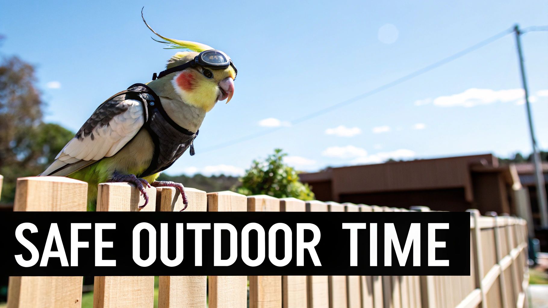 A cockatiel wearing an aviator flight harness and goggles perches on a wooden fence under a clear sky.