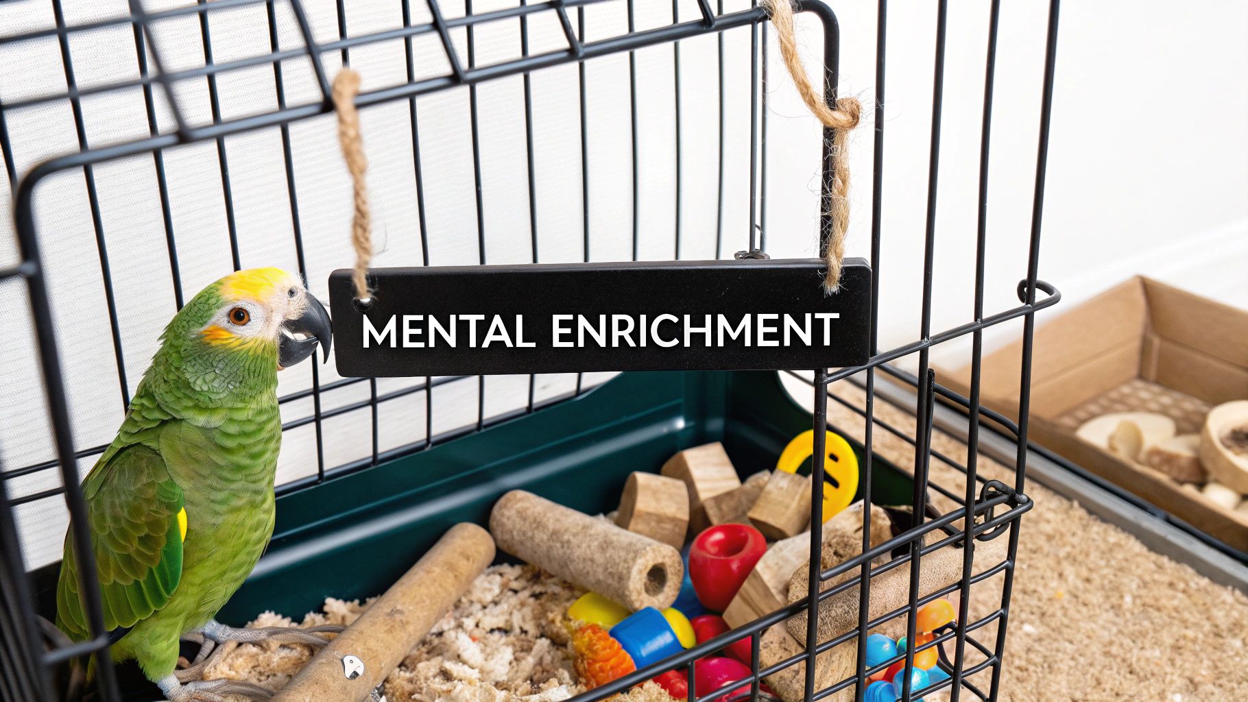 A close-up shot of a colourful parrot interacting with a shreddable toy made of woven palm leaves and wooden blocks inside its cage.