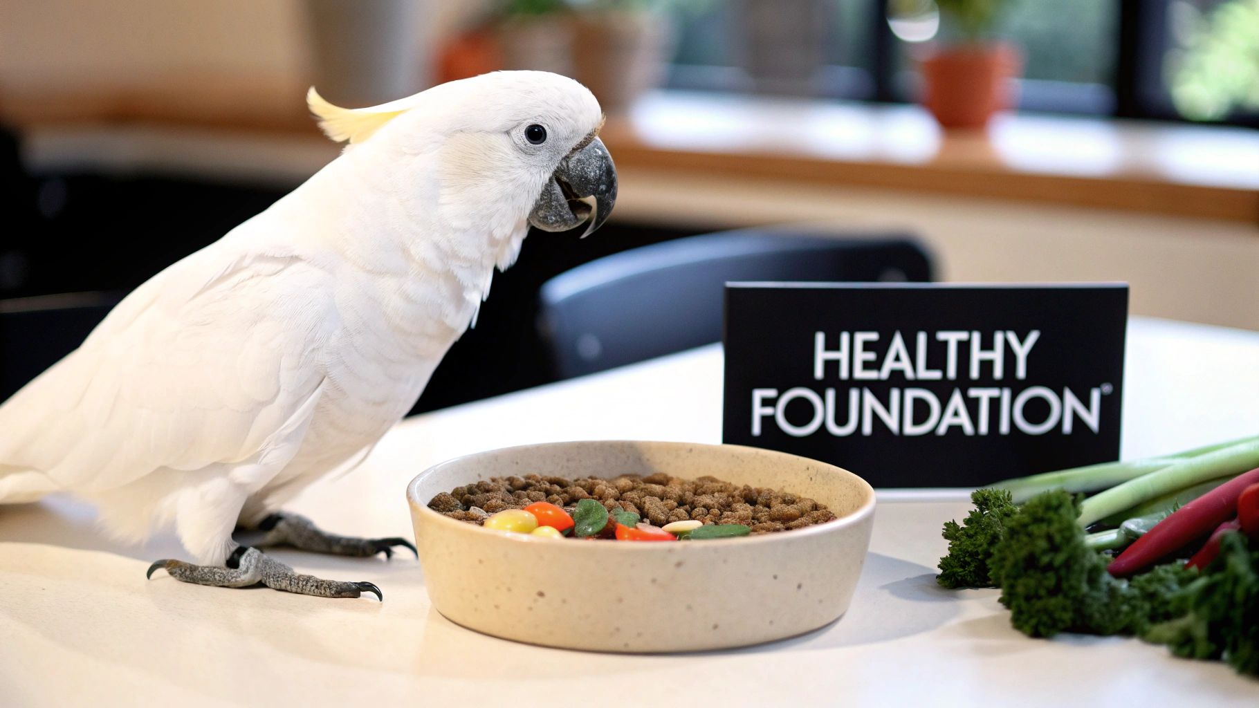 White cockatoo standing beside healthy bird food bowl with vegetables on kitchen counter