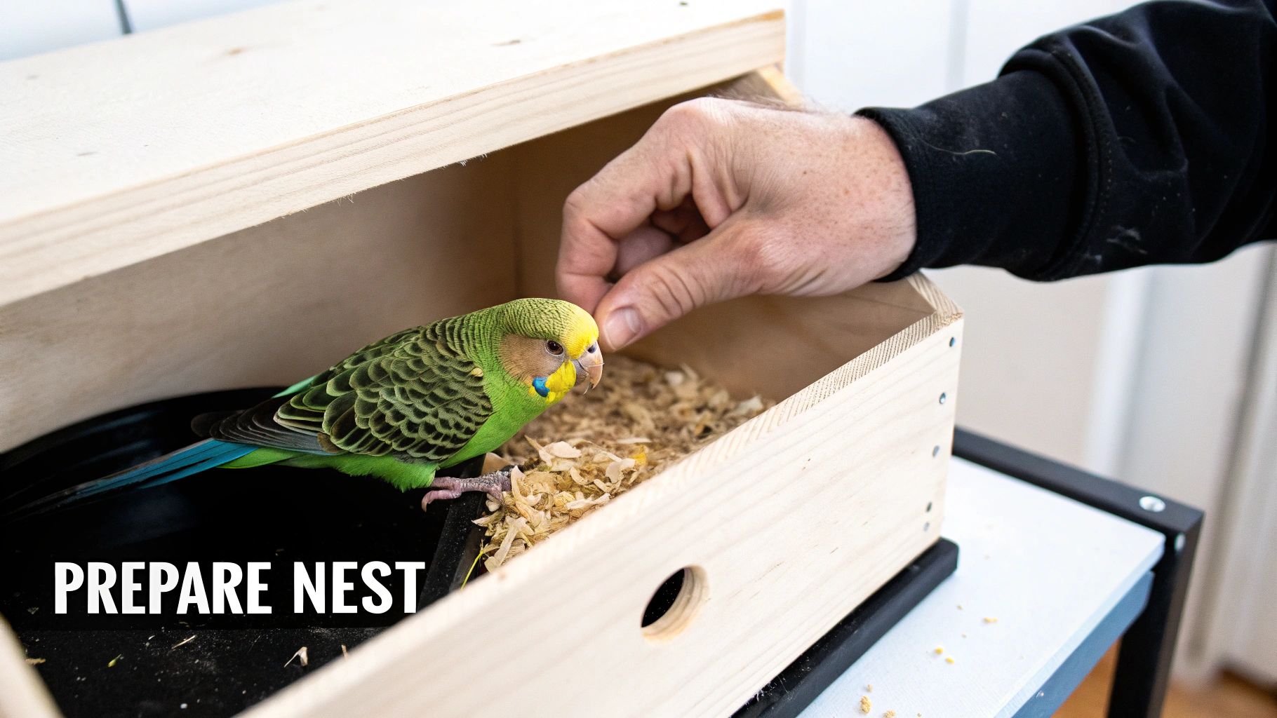 Person preparing wooden budgerigar nest box with wood shavings while green parakeet perches inside
