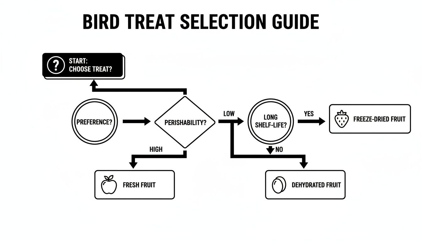 Flowchart guiding bird treat selection based on preference, perishability, and shelf-life.