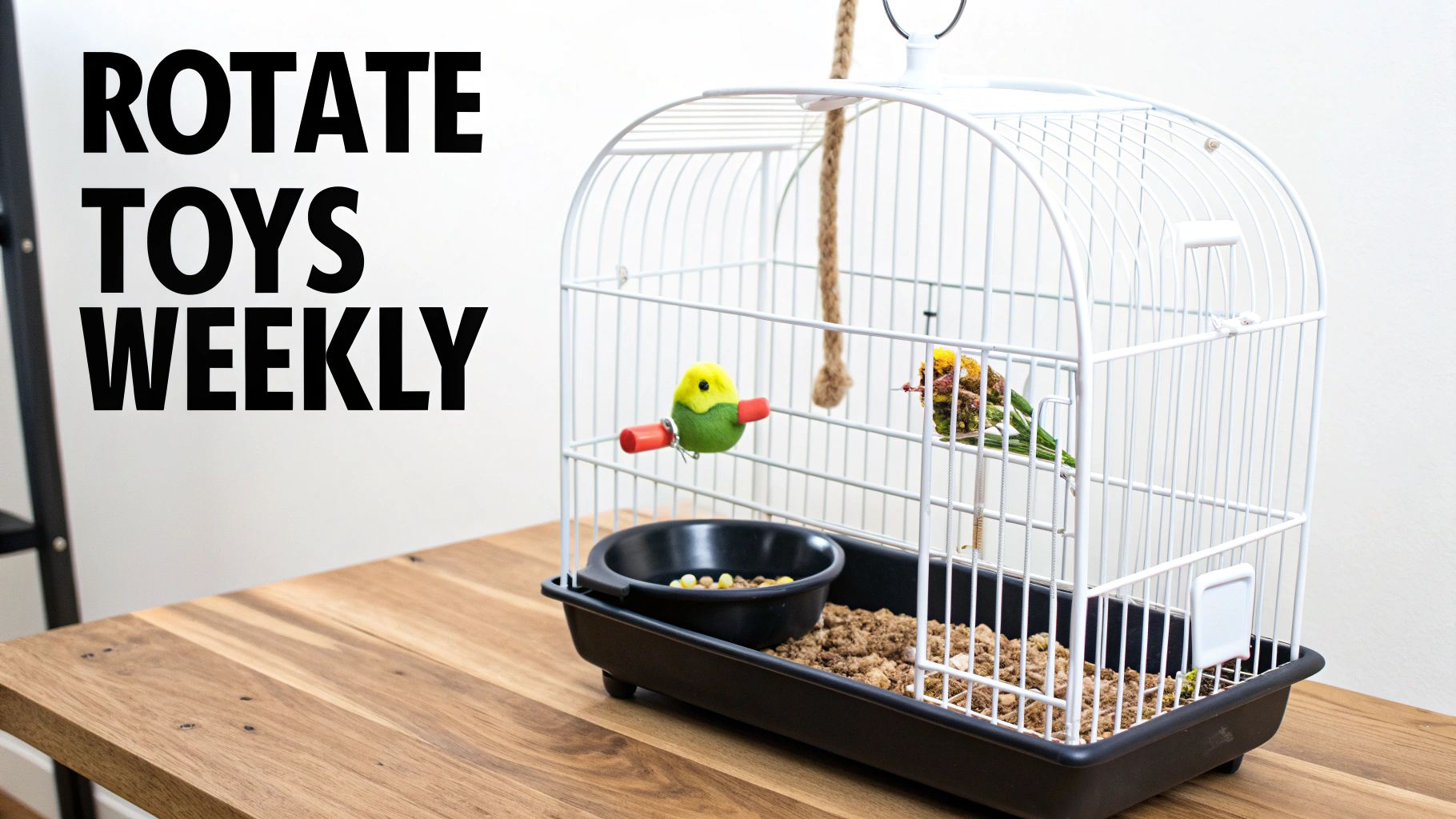 A white bird cage on a wooden table displays colorful bird toys, food, and bedding.