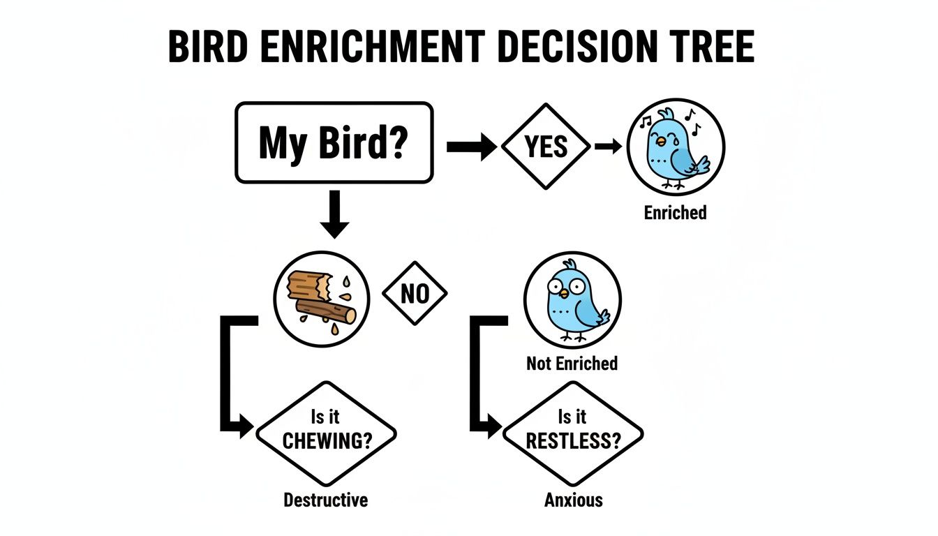 A flowchart titled 'Bird Enrichment Decision Tree' analyzing bird behavior and enrichment needs.