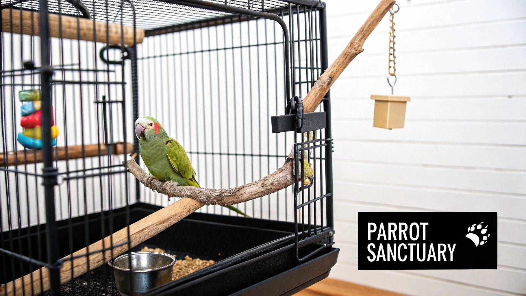 Two colourful parrots interacting with wooden toys inside a cage.