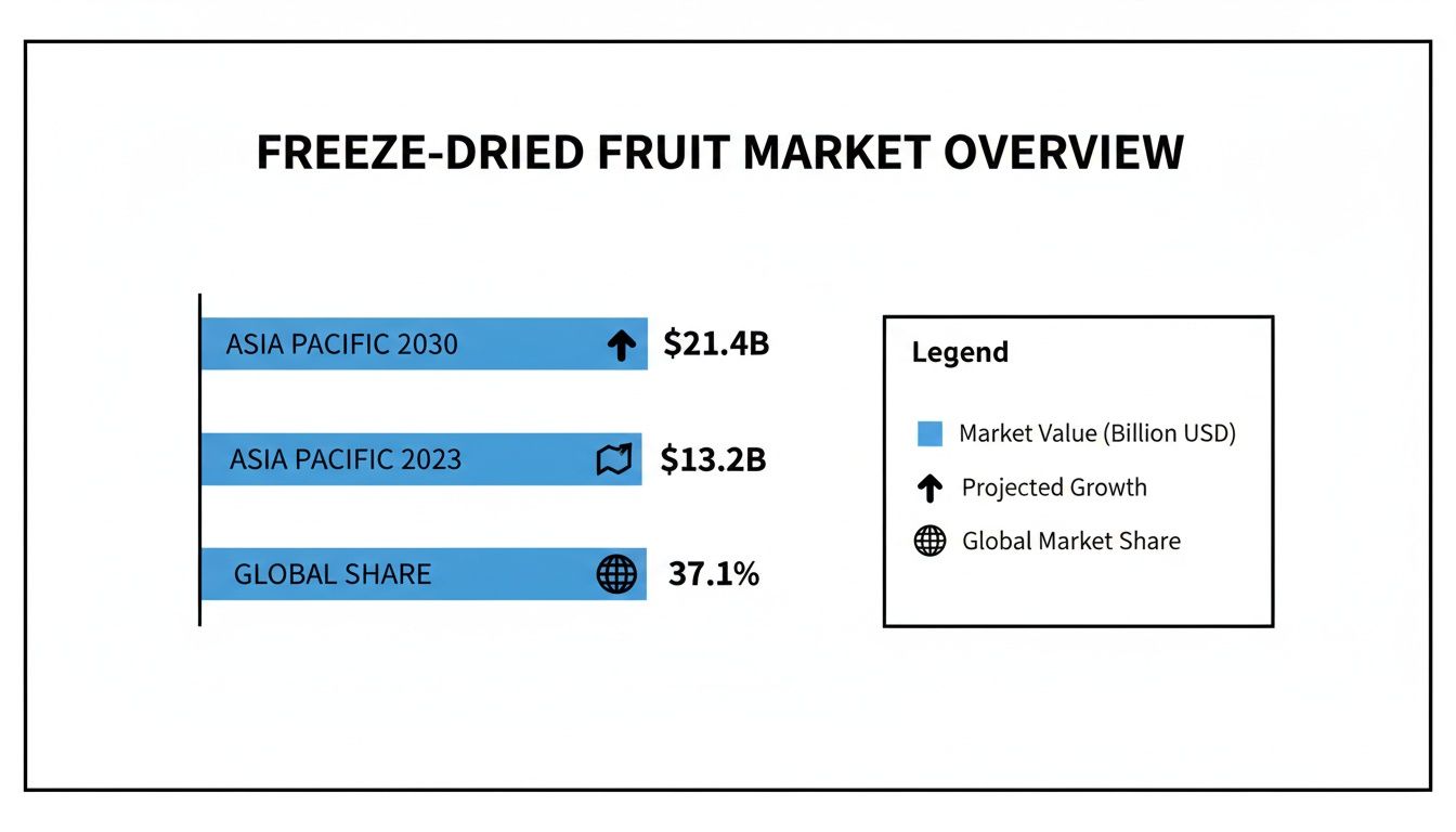 Freeze-dried fruit market overview showing Asia Pacific's market value, projected growth, and global share.