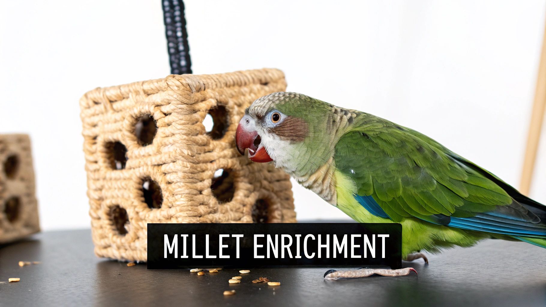 A green parrot interacts with a natural woven feeder, demonstrating millet enrichment with scattered seeds.